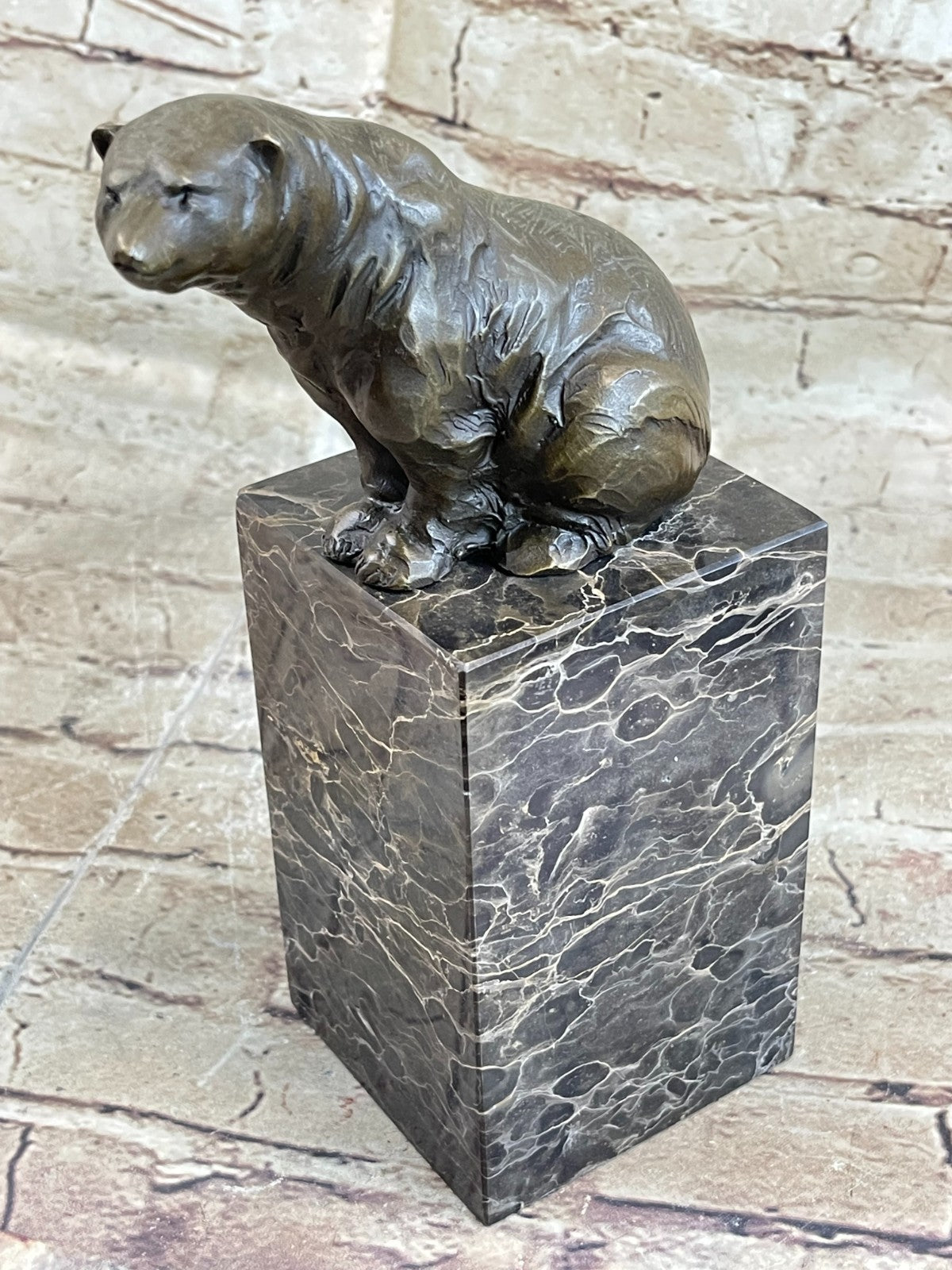 Signed Sitting Polar Bear Bronze Bookend Book End Decor Marble Sculpture Statue