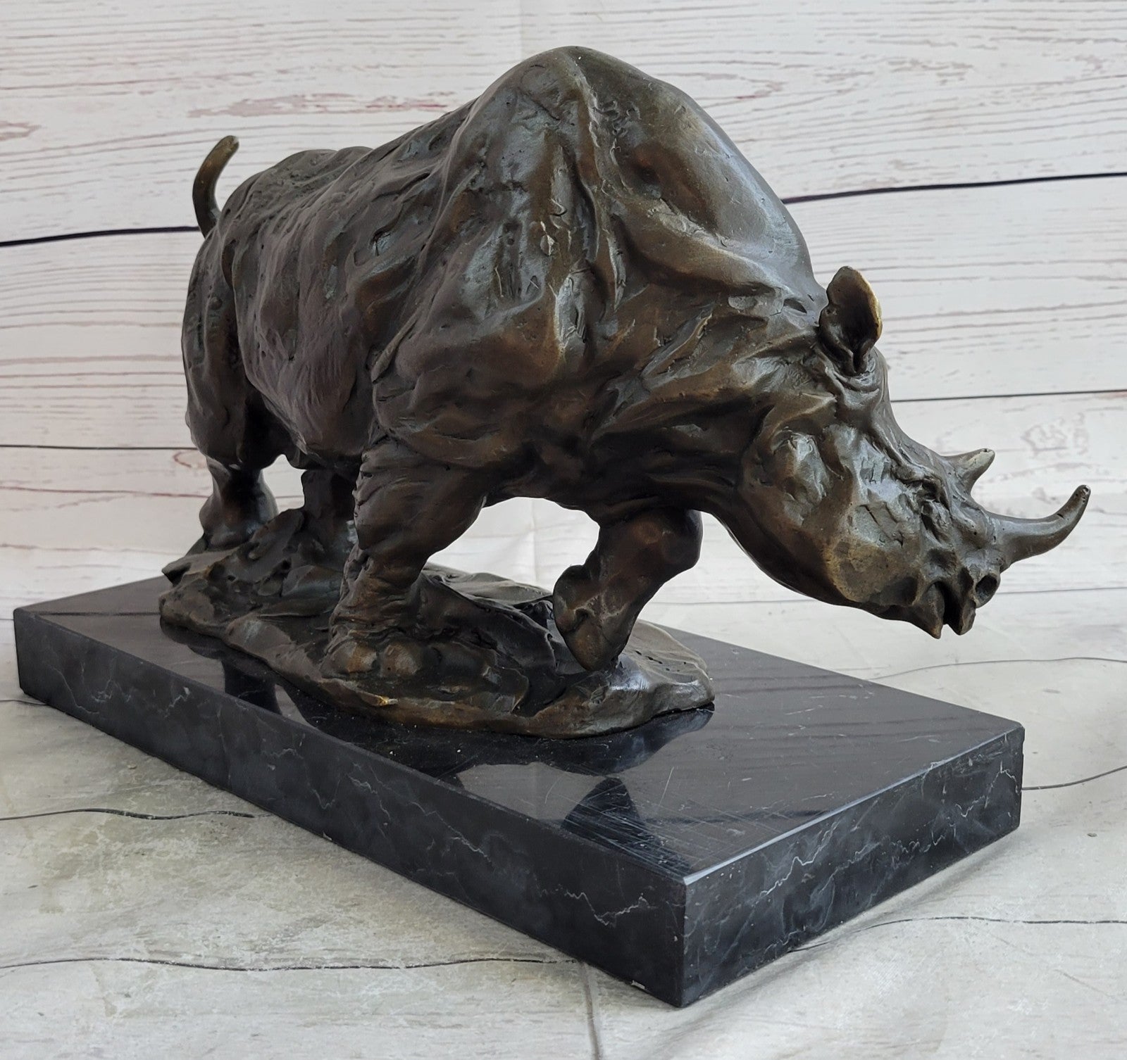 Ancient Endangered Rhinoceros Bronze Sculpture Signed Milo Animal Statue Figure