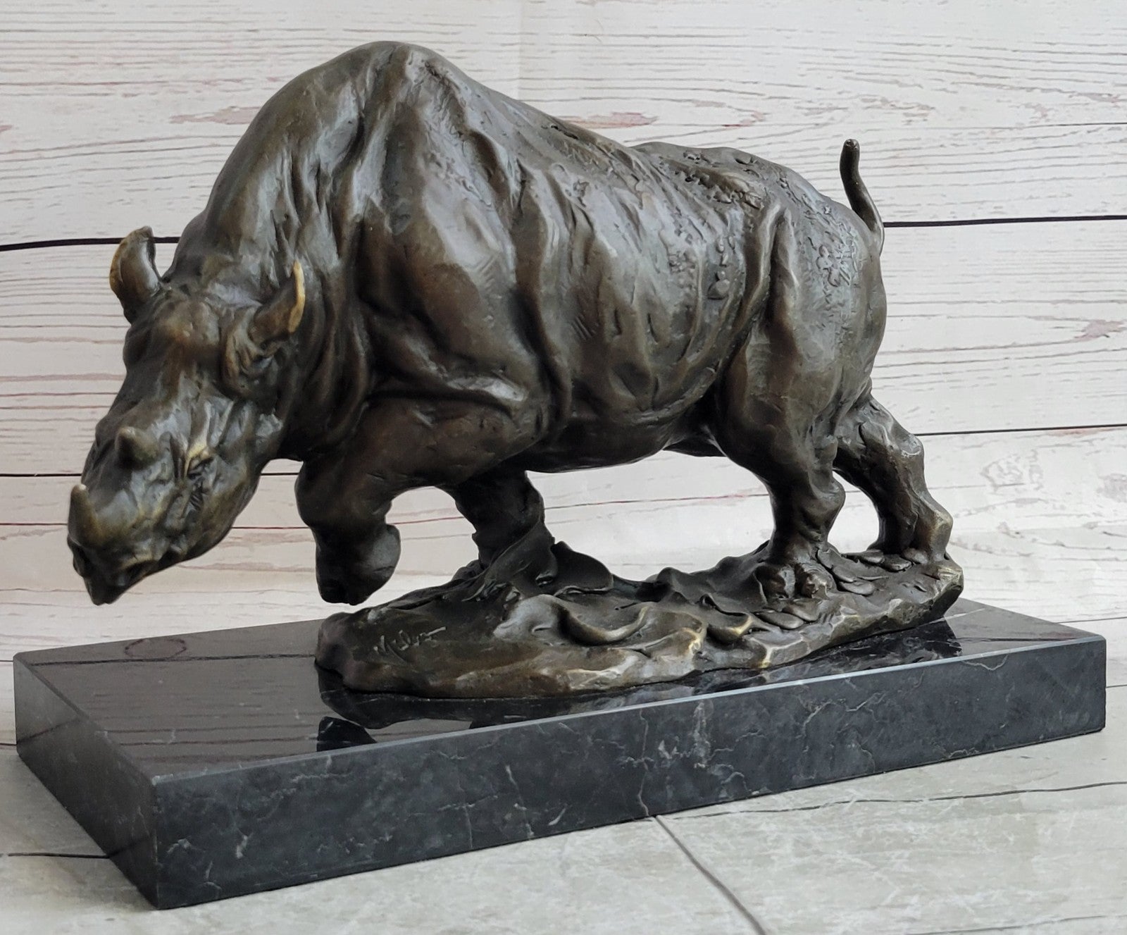 Ancient Endangered Rhinoceros Bronze Sculpture Signed Milo Animal Statue Figure