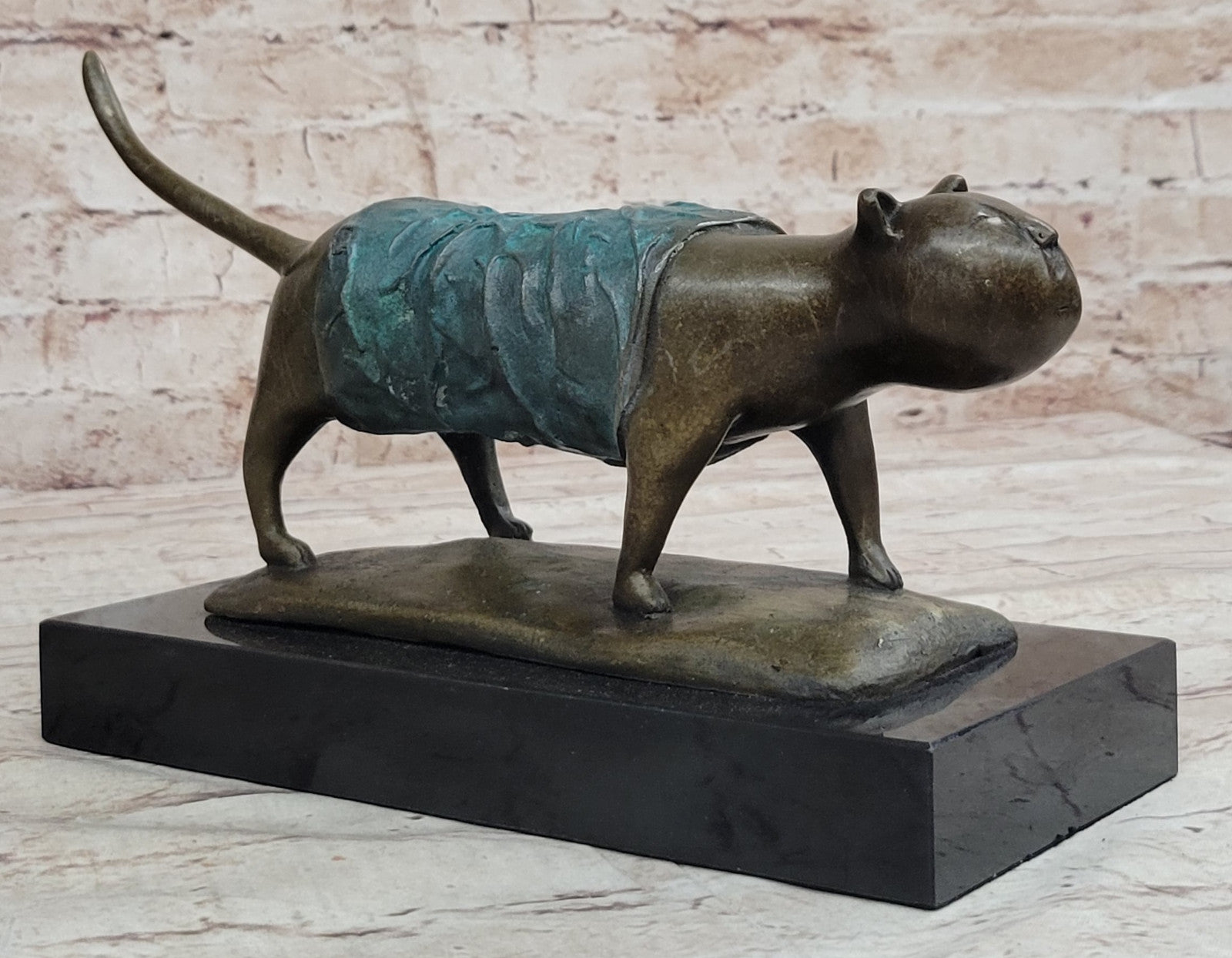 Botero Inspired Bronze Cat Sculpture with Exclusive Patina Finish Art