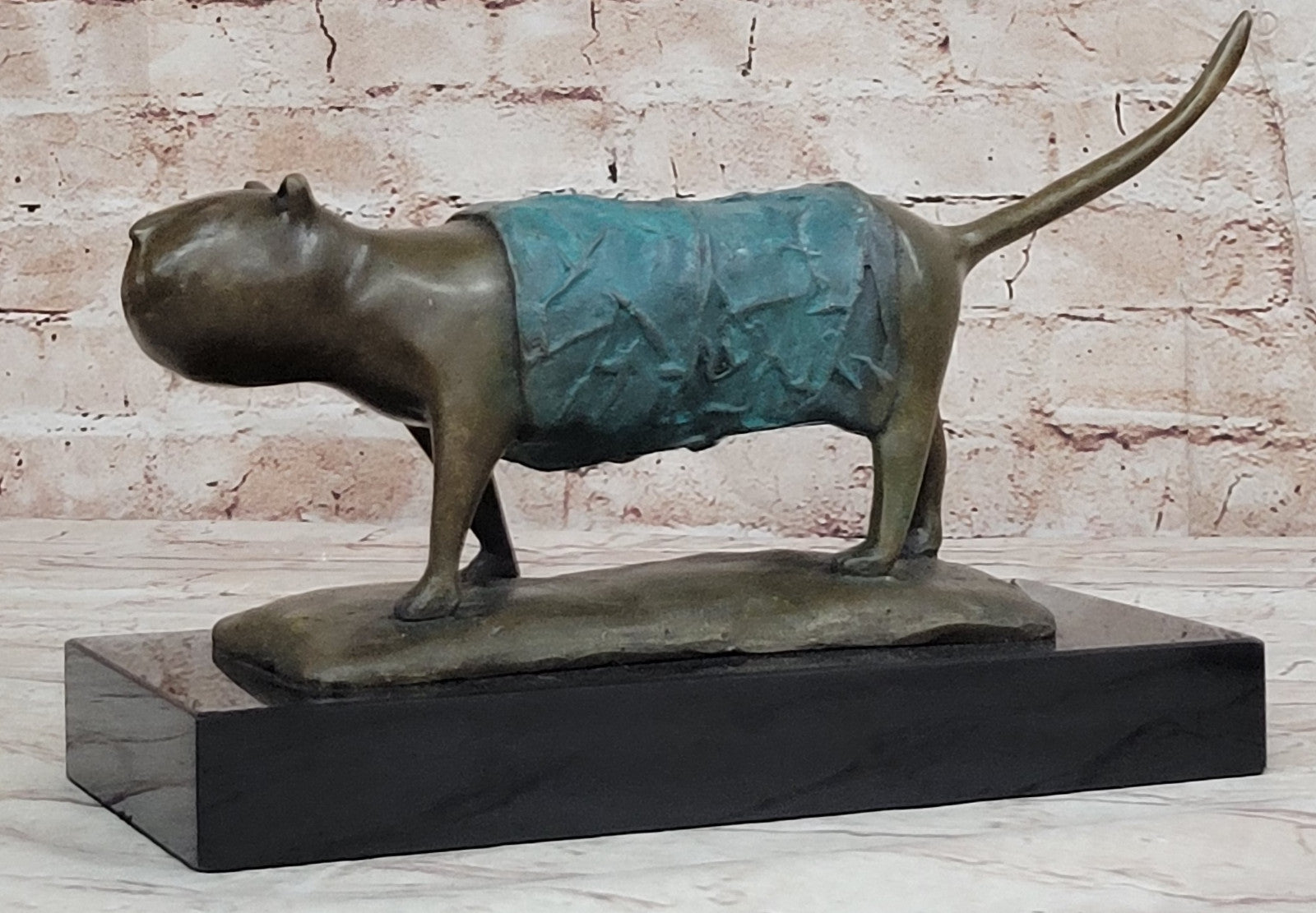 Botero Inspired Bronze Cat Sculpture with Exclusive Patina Finish Art