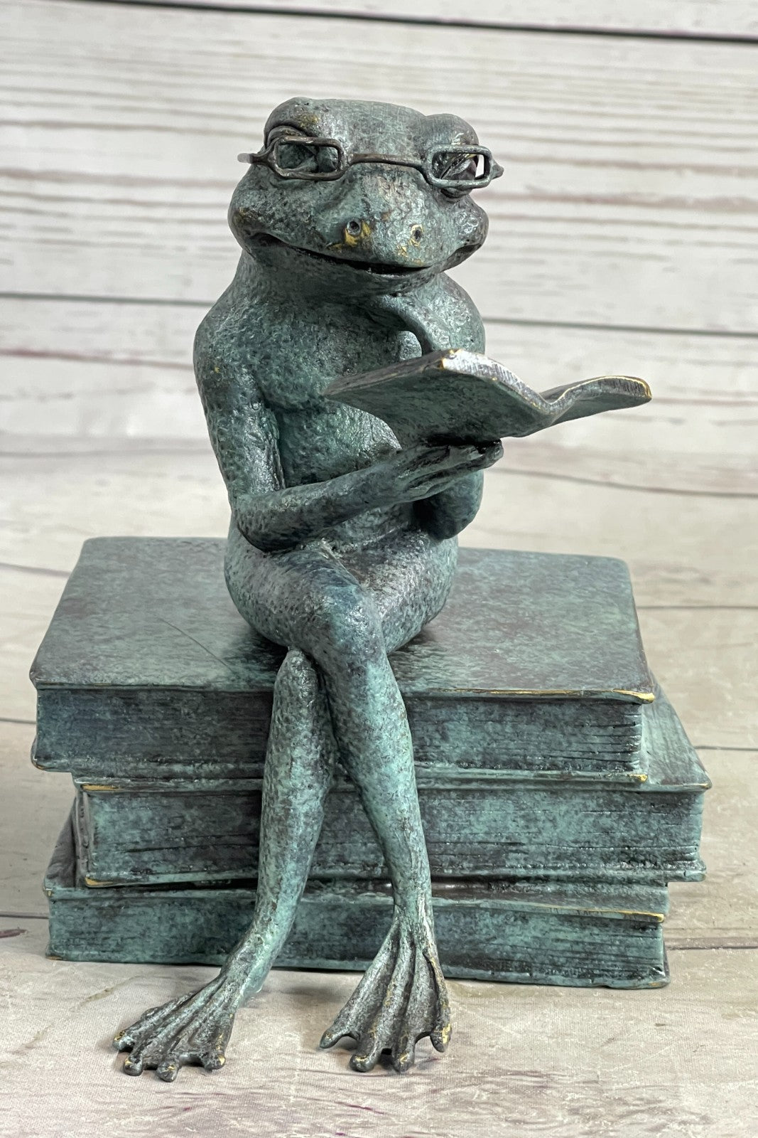 Bronze Frog on Stack of Books Reading a Book ~ Fantastic Patina ~ Frog Collectors
