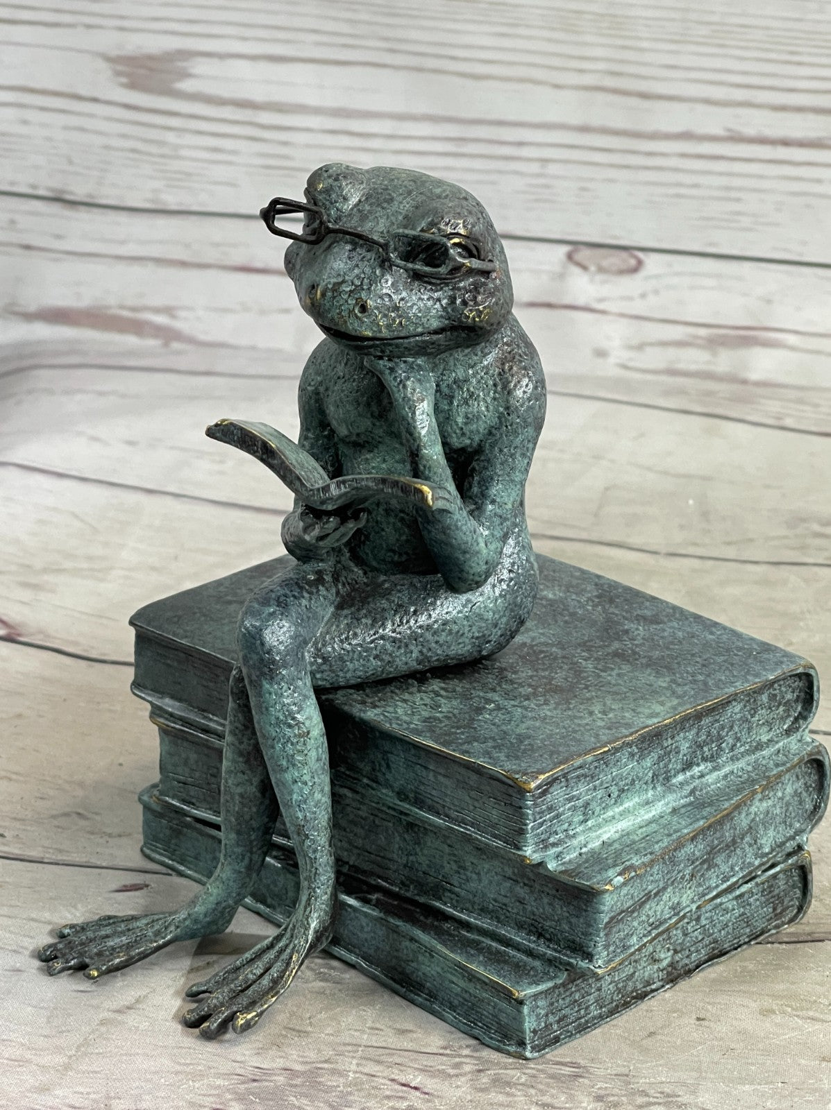 Bronze Frog on Stack of Books Reading a Book ~ Fantastic Patina ~ Frog Collectors