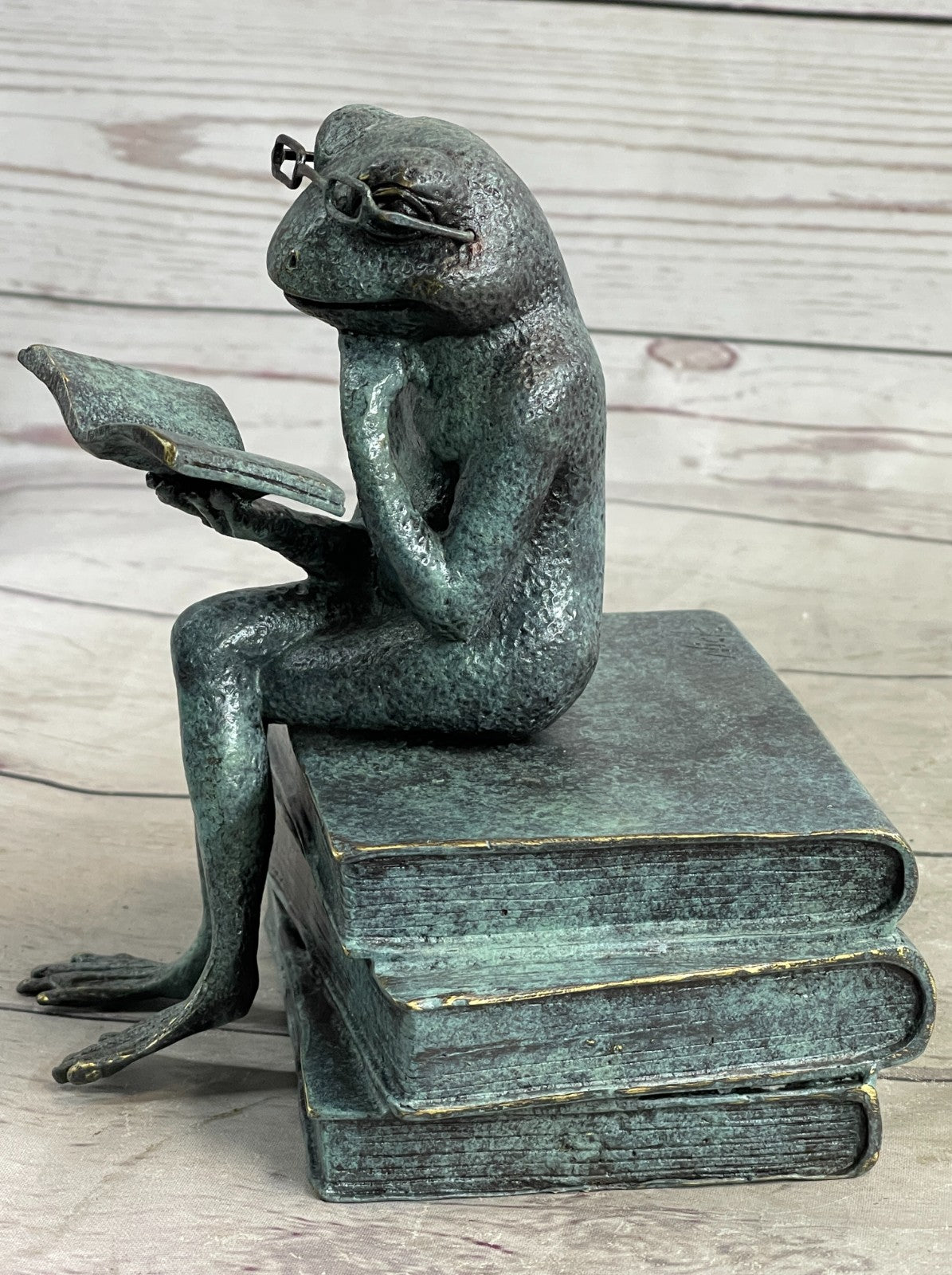 Bronze Frog on Stack of Books Reading a Book ~ Fantastic Patina ~ Frog Collectors