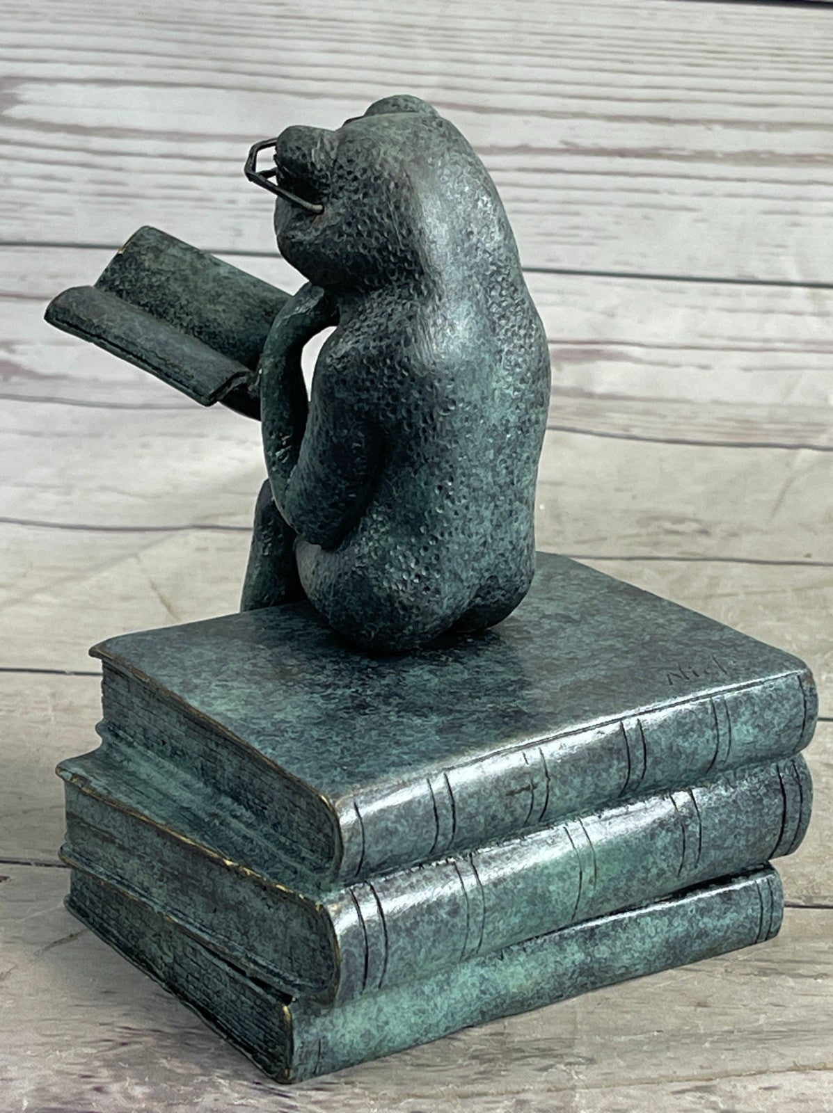 Bronze Frog on Stack of Books Reading a Book ~ Fantastic Patina ~ Frog Collectors