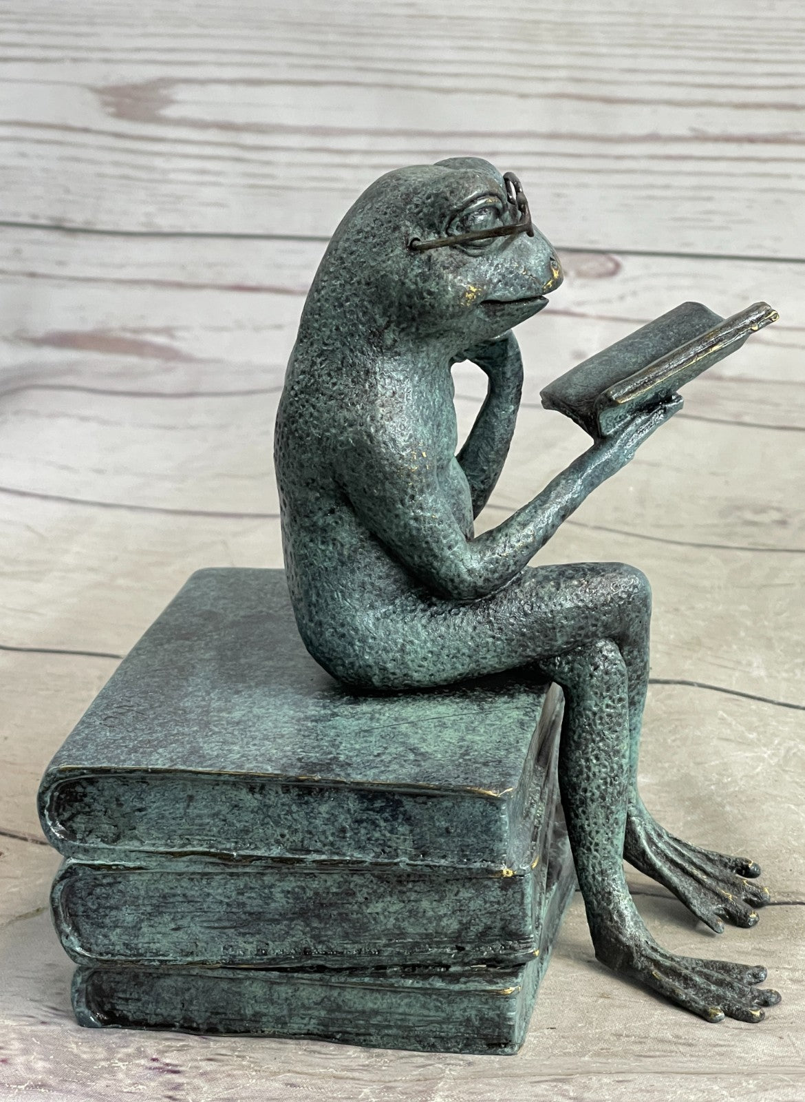 Bronze Frog on Stack of Books Reading a Book ~ Fantastic Patina ~ Frog Collectors