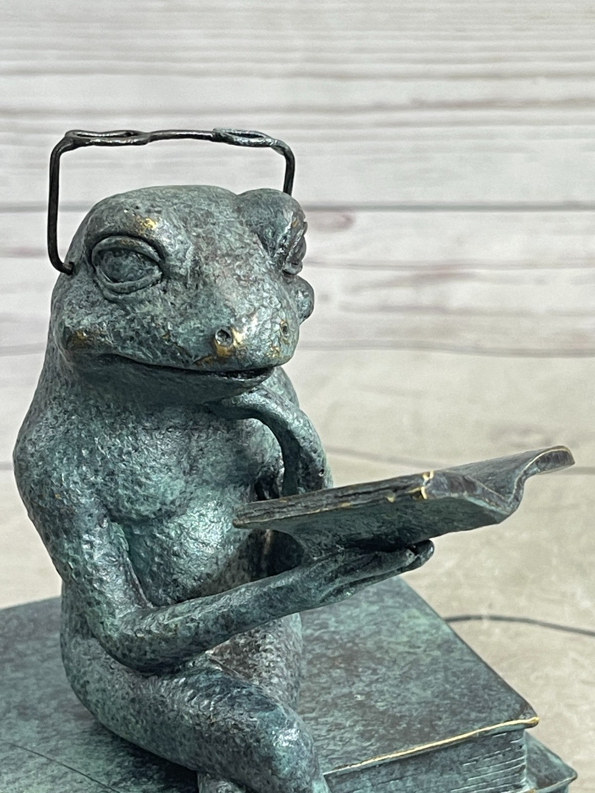 Bronze Frog on Stack of Books Reading a Book ~ Fantastic Patina ~ Frog Collectors