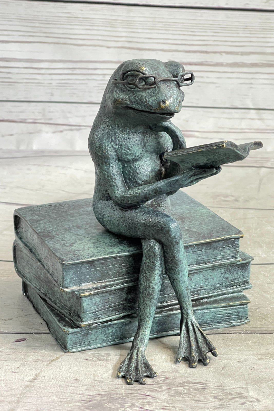 Bronze Frog on Stack of Books Reading a Book ~ Fantastic Patina ~ Frog Collectors