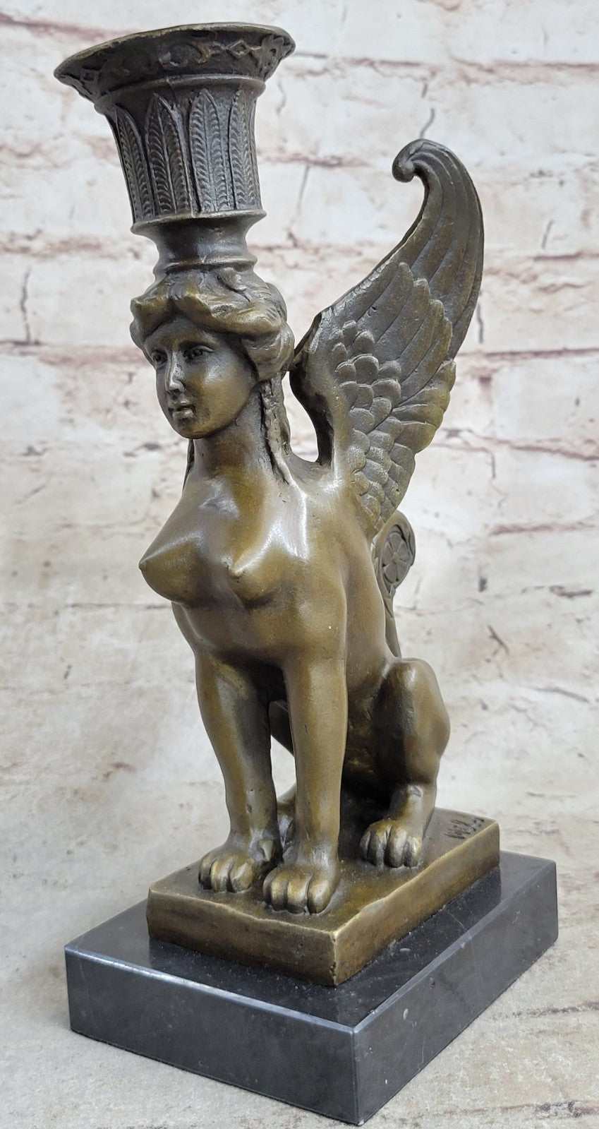 Art Deco Anniversary Nude Sphinx Female Egyptian Lion Candleholder Bronze Statue