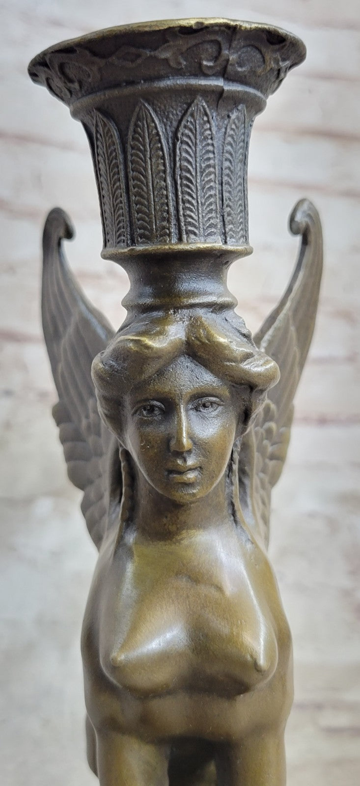 Art Deco Anniversary Nude Sphinx Female Egyptian Lion Candleholder Bronze Statue