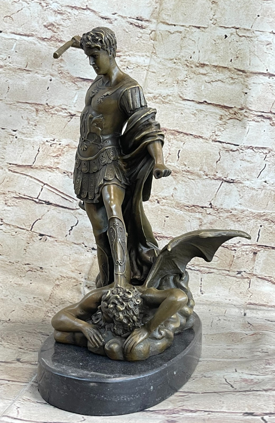 European Bronze Figurine Religious Archangel Saint Michael stepping on demon Art