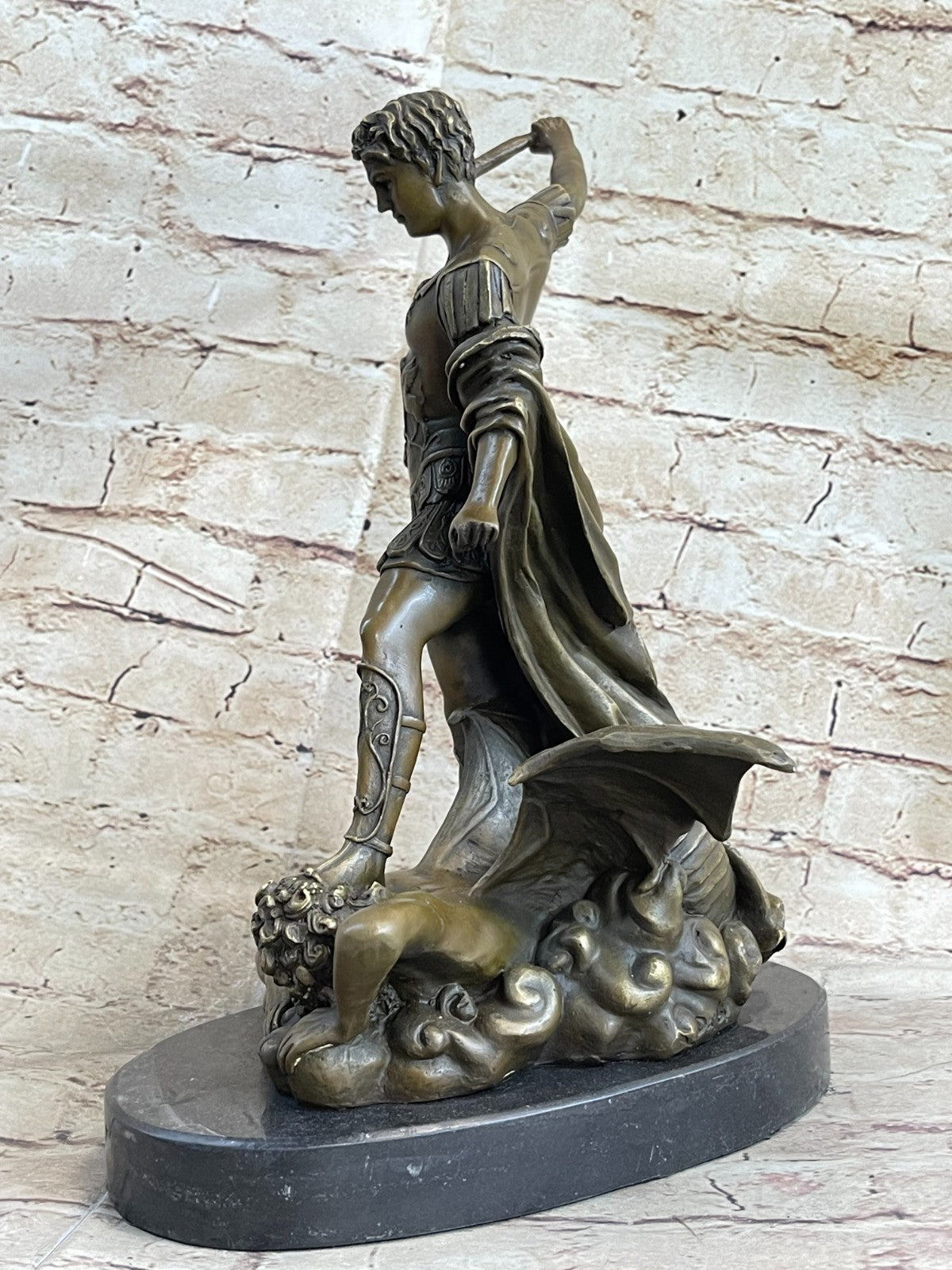 European Bronze Figurine Religious Archangel Saint Michael stepping on demon Art