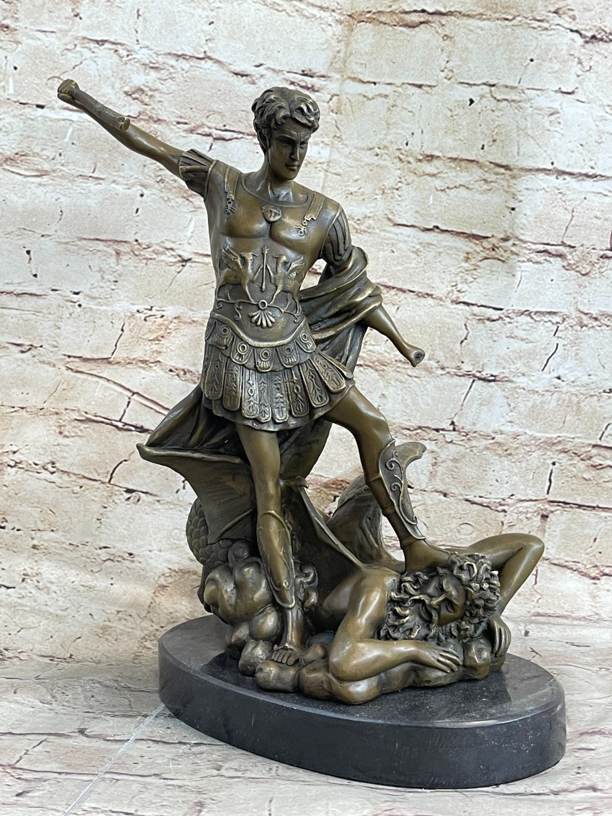 European Bronze Figurine Religious Archangel Saint Michael stepping on demon Art