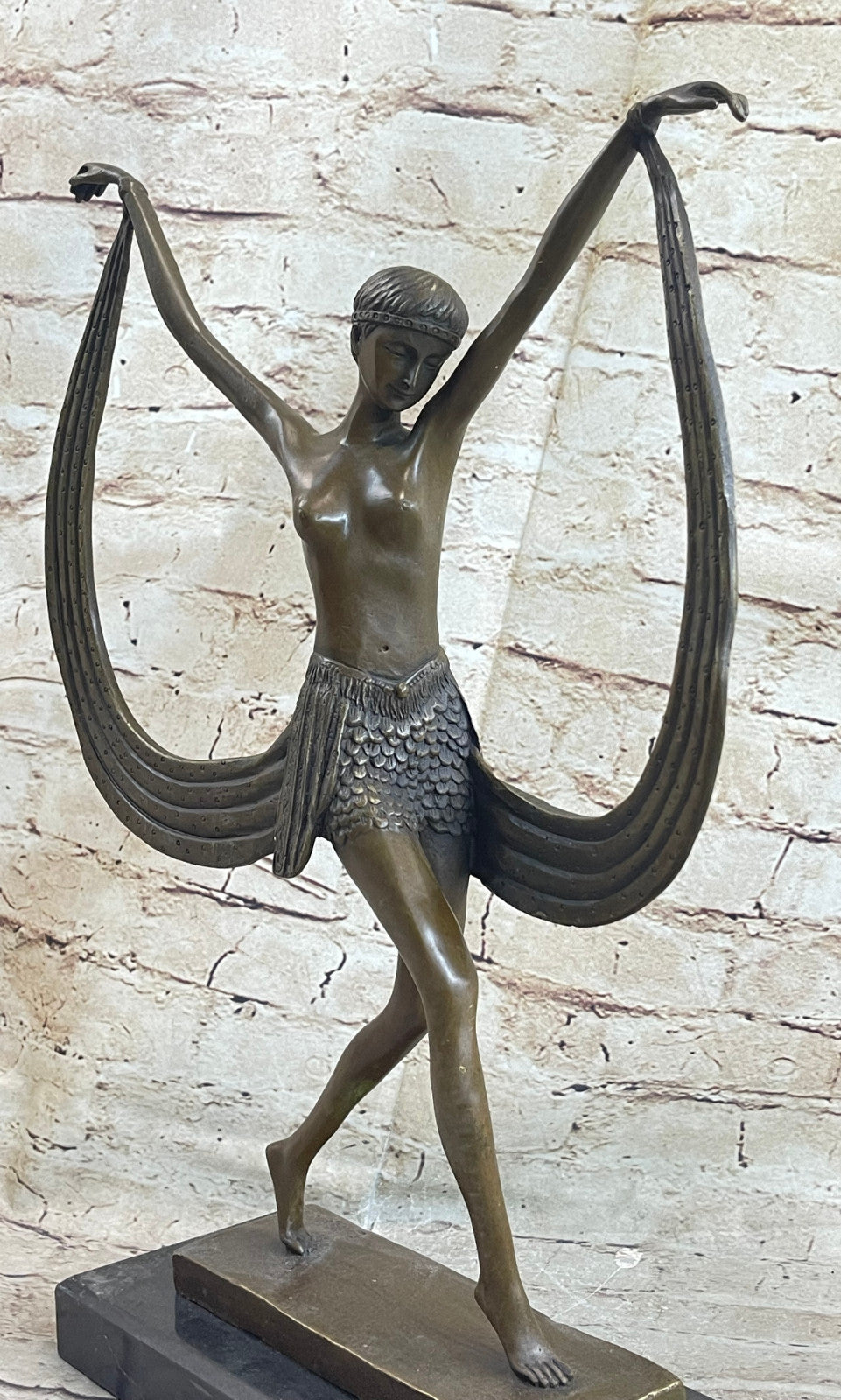 Art Deco Signed By Mirval Ribbon Dancer Bronze Sculpture Nude Figure Hot Cast