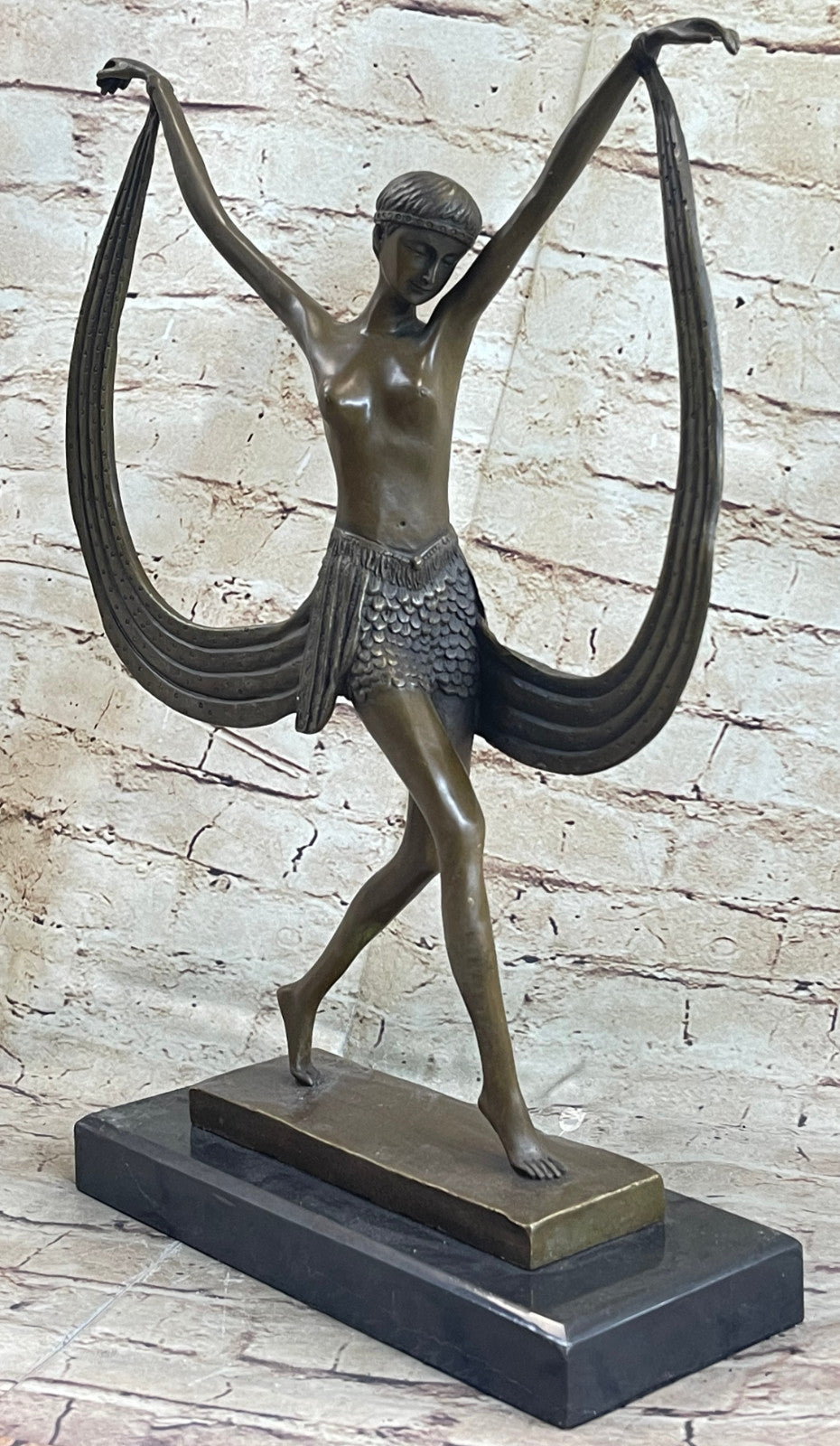 Art Deco Signed By Mirval Ribbon Dancer Bronze Sculpture Nude Figure Hot Cast