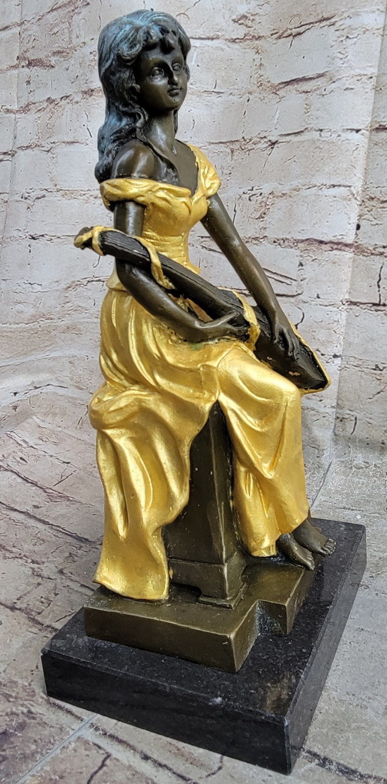 Female Banjo Player Genuine Solid Bronze Sculpture Marble Statue Figurine Sale