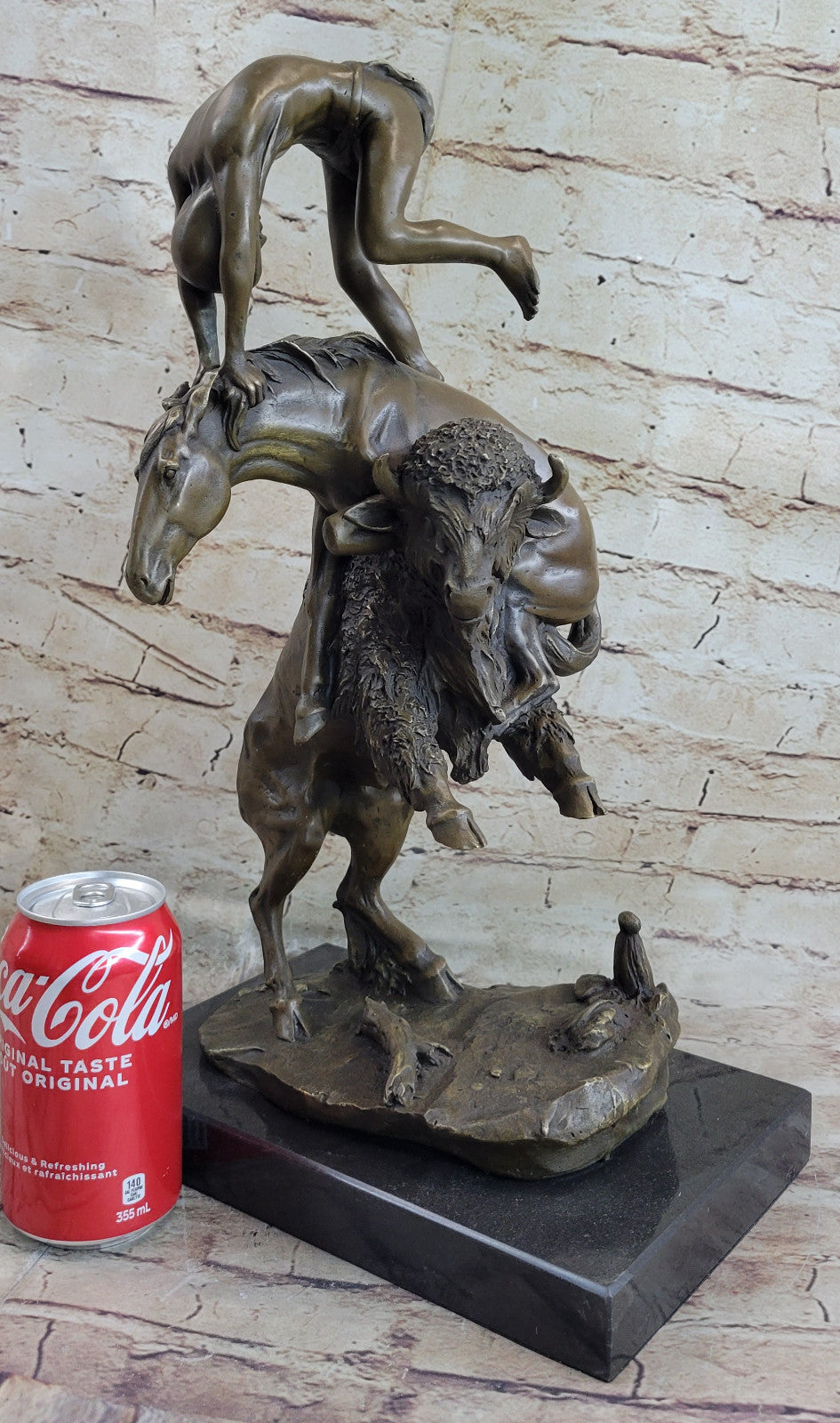 Signed Remington Indian Man Taming Horse and Buffalo Bronze Sculpture Marble Art