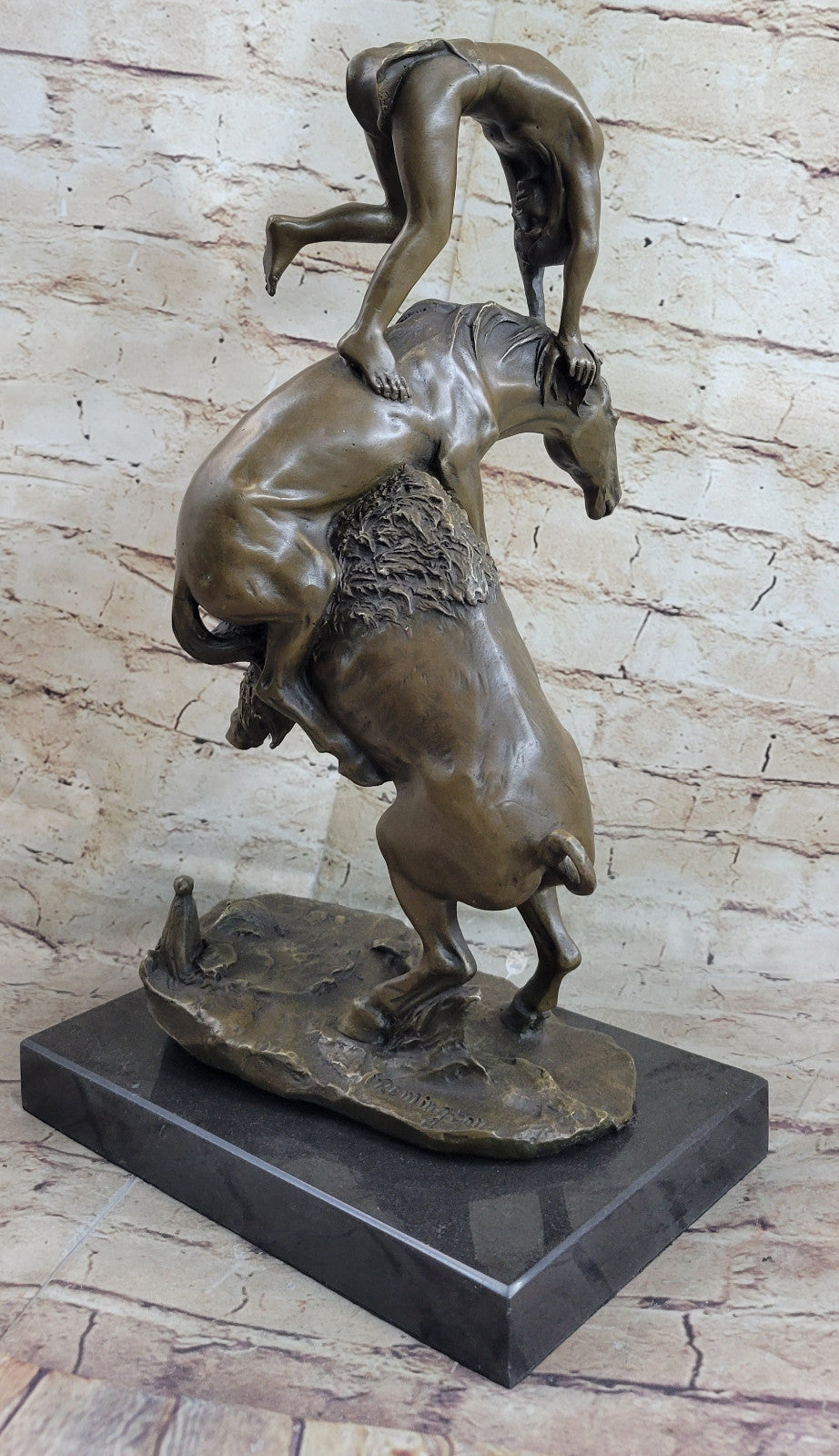 Signed Remington Indian Man Taming Horse and Buffalo Bronze Sculpture Marble Art
