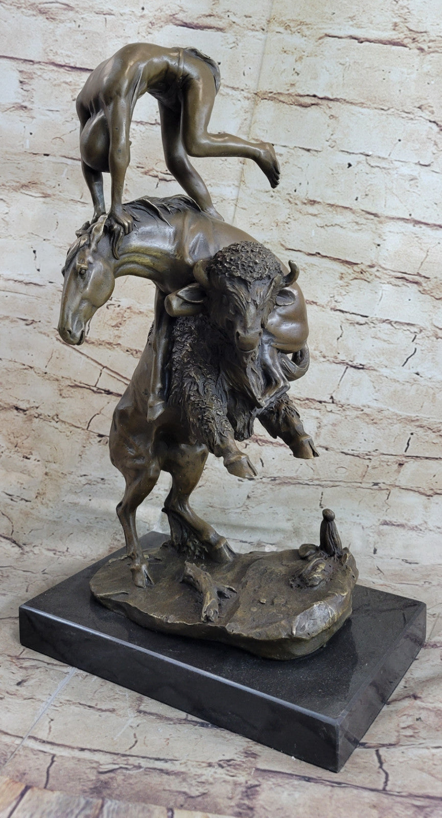 Signed Remington Indian Man Taming Horse and Buffalo Bronze Sculpture Marble Art