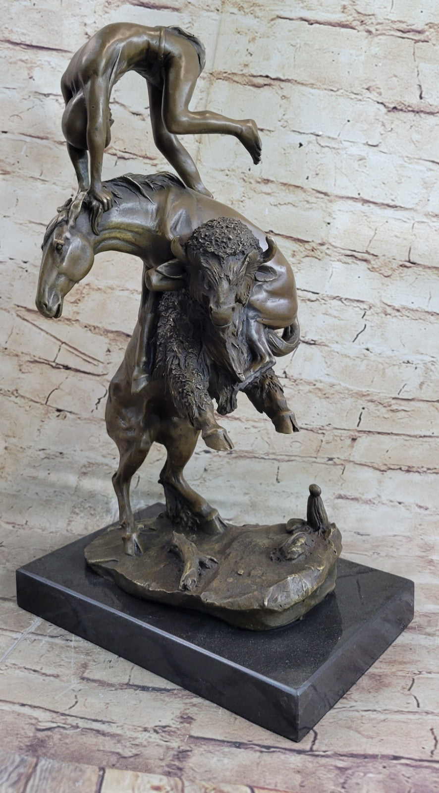 Signed Remington Indian Man Taming Horse and Buffalo Bronze Sculpture Marble Art