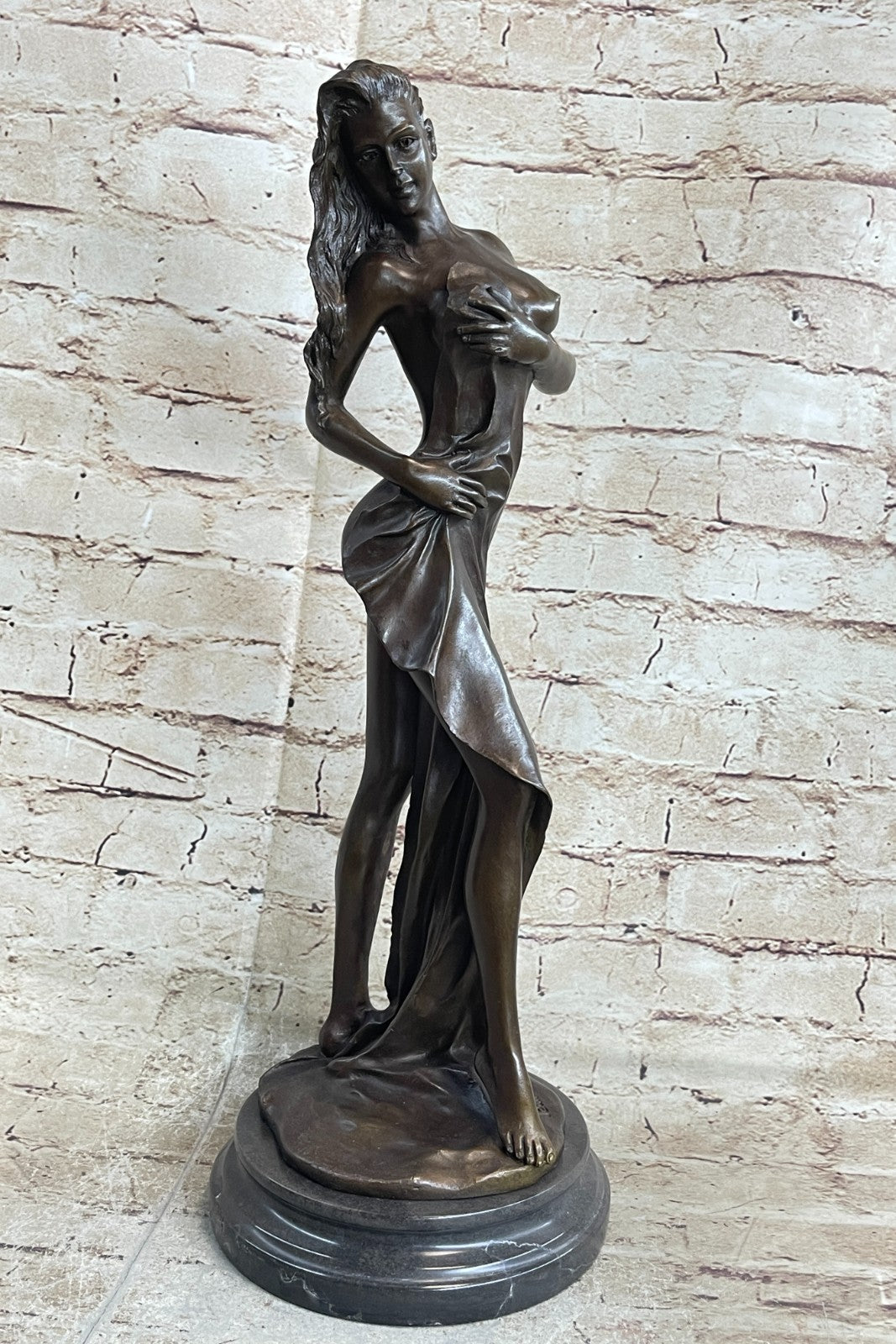 19" Tall Semi Nude Sexy Woman Girl Female Lady Bronze Sculpture Marble Base Figure