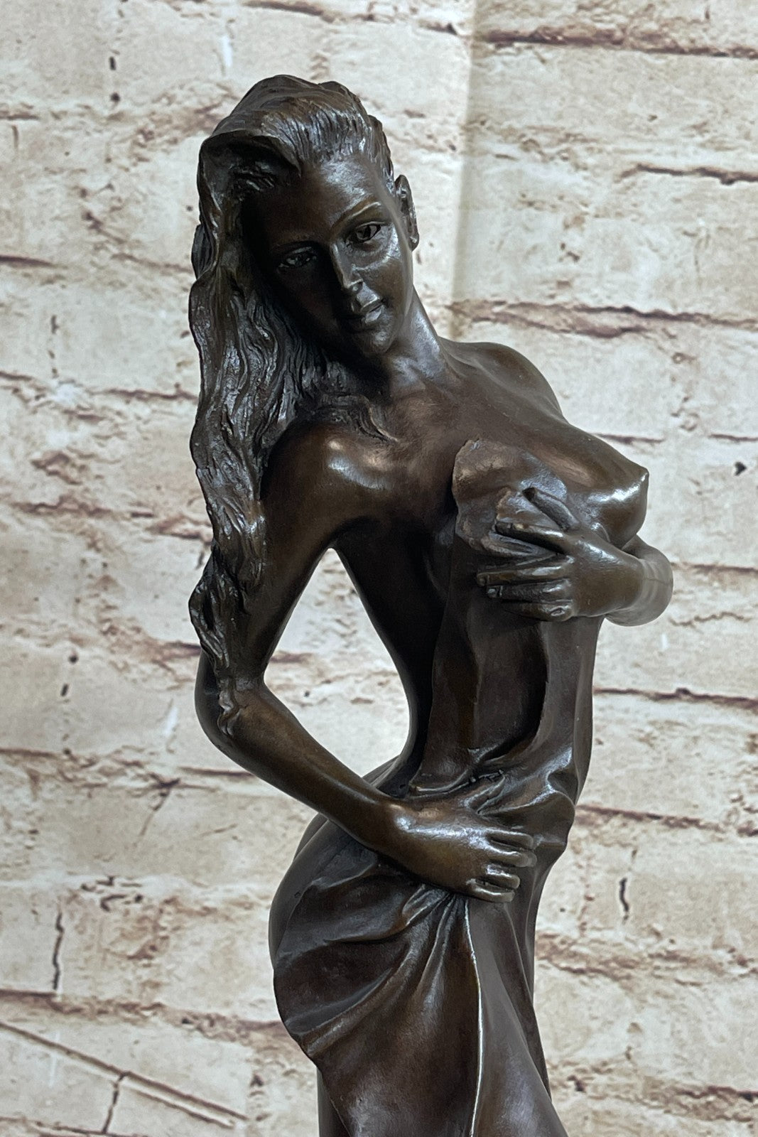 19" Tall Semi Nude Sexy Woman Girl Female Lady Bronze Sculpture Marble Base Figure