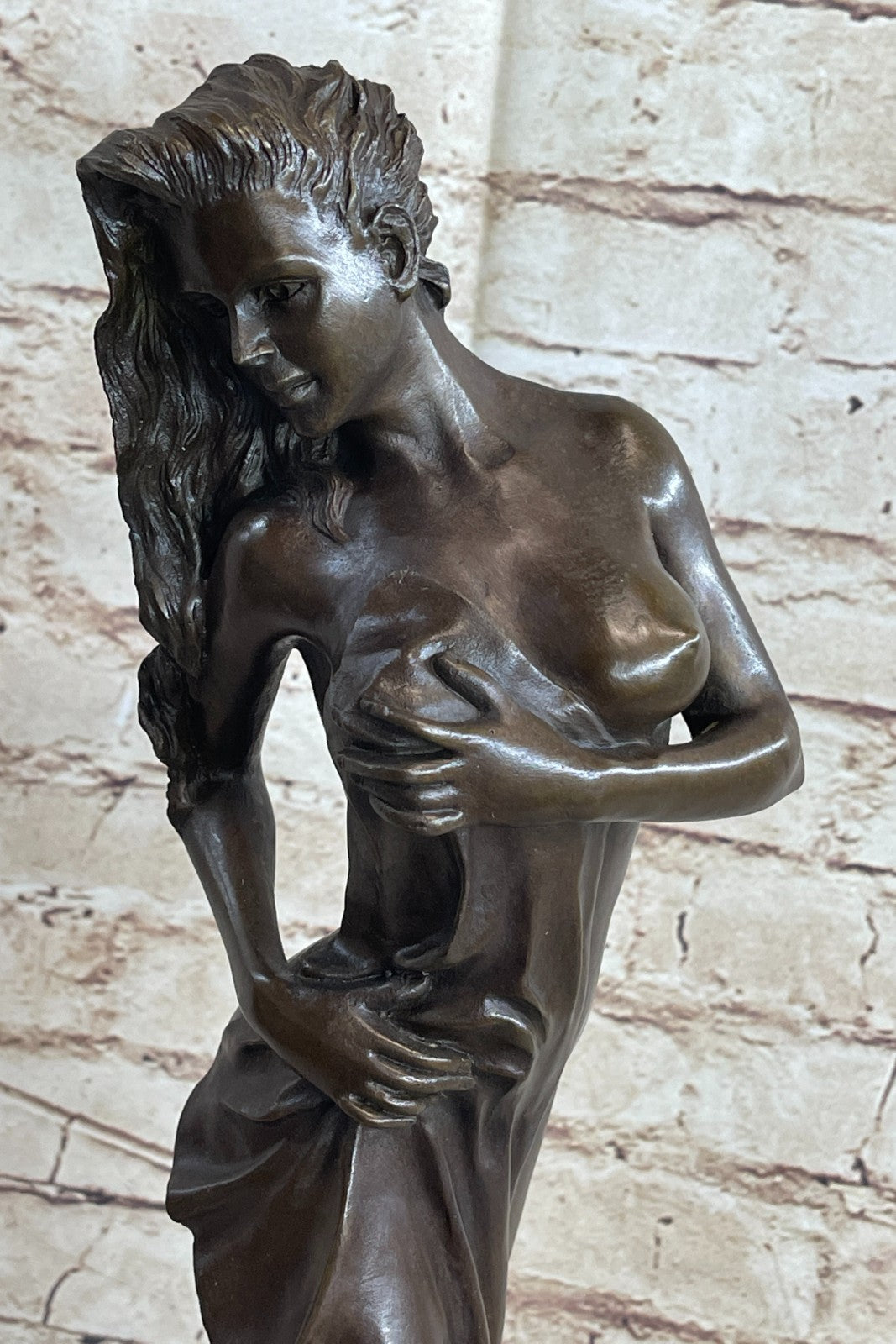 19" Tall Semi Nude Sexy Woman Girl Female Lady Bronze Sculpture Marble Base Figure