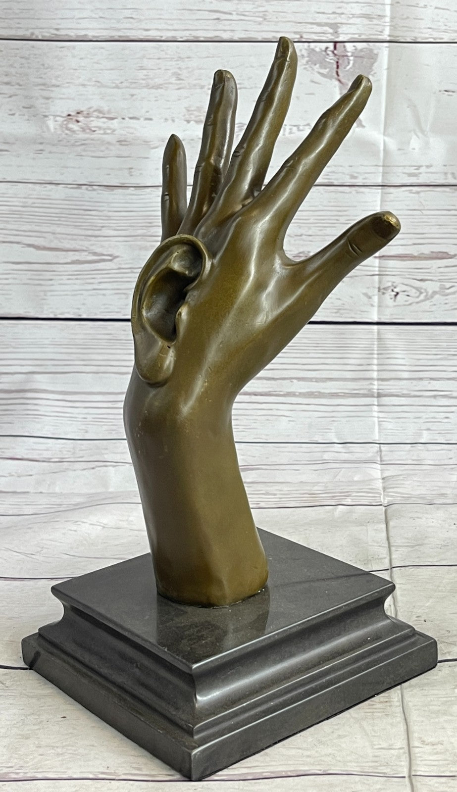 Handcrafted Detailed abstract Modern art Hand with Ear Bronze Sculpture Statue
