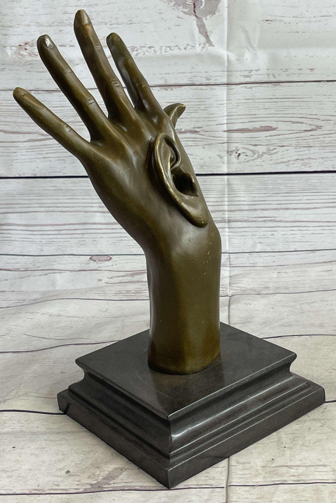 Handcrafted Detailed abstract Modern art Hand with Ear Bronze Sculpture Statue