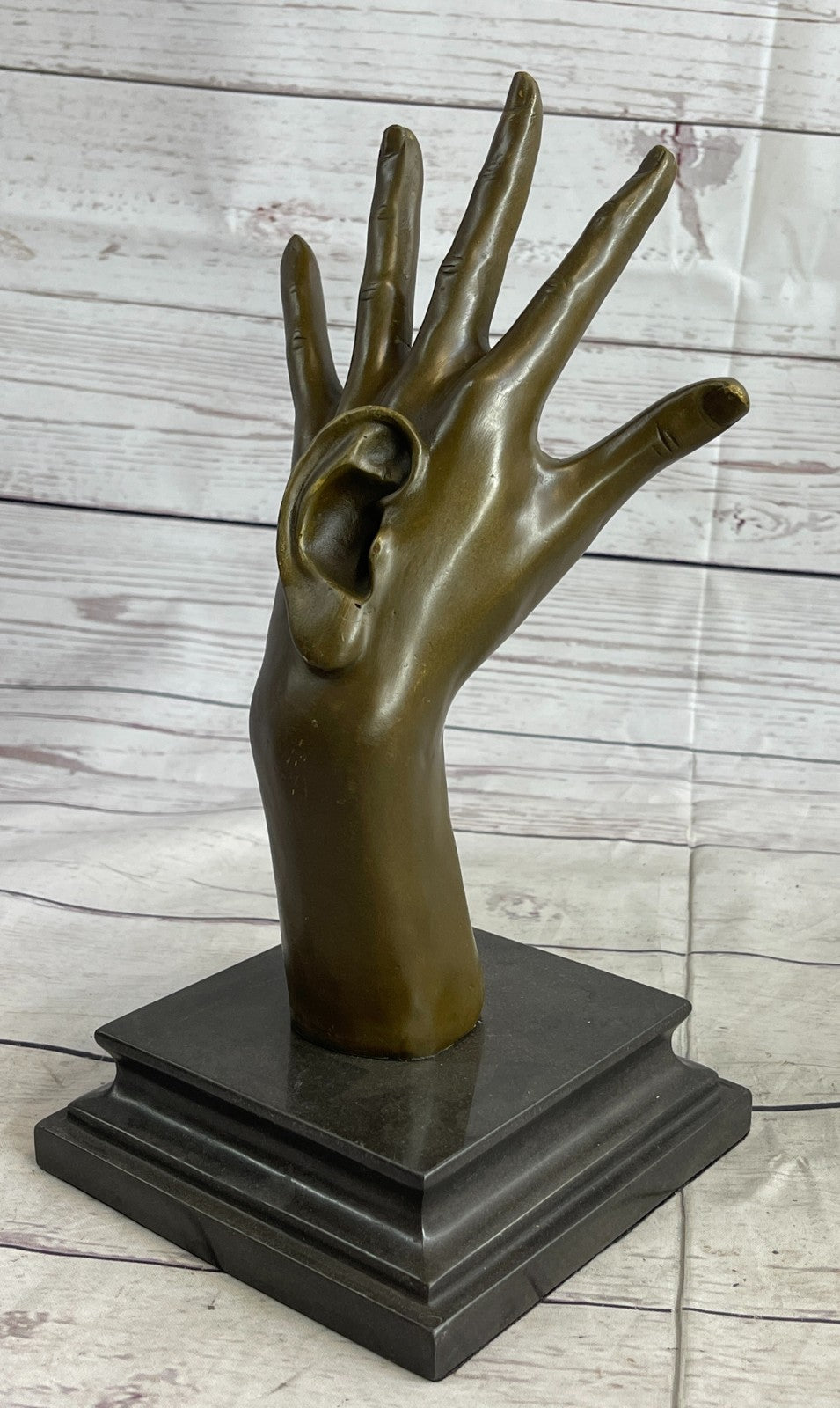 Handcrafted Detailed abstract Modern art Hand with Ear Bronze Sculpture Statue