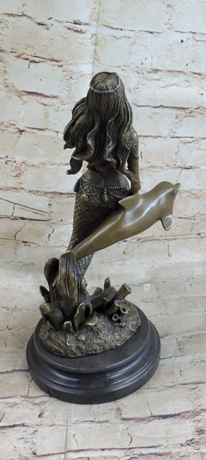Art Deco/Nouveau Fantasy Artwork Nude solid Bronze Sculpture Mermaid and Dolphin