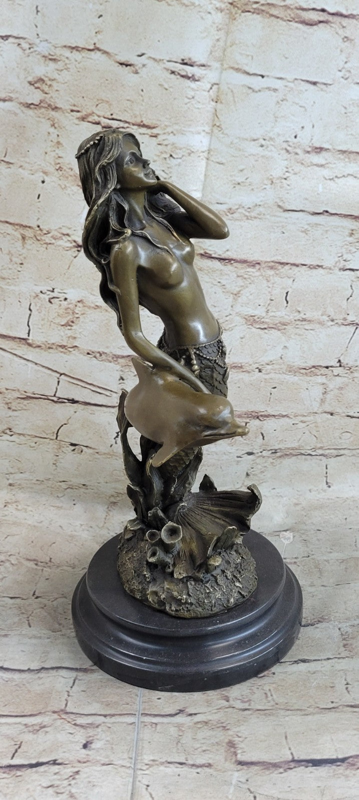 Art Deco/Nouveau Fantasy Artwork Nude solid Bronze Sculpture Mermaid and Dolphin