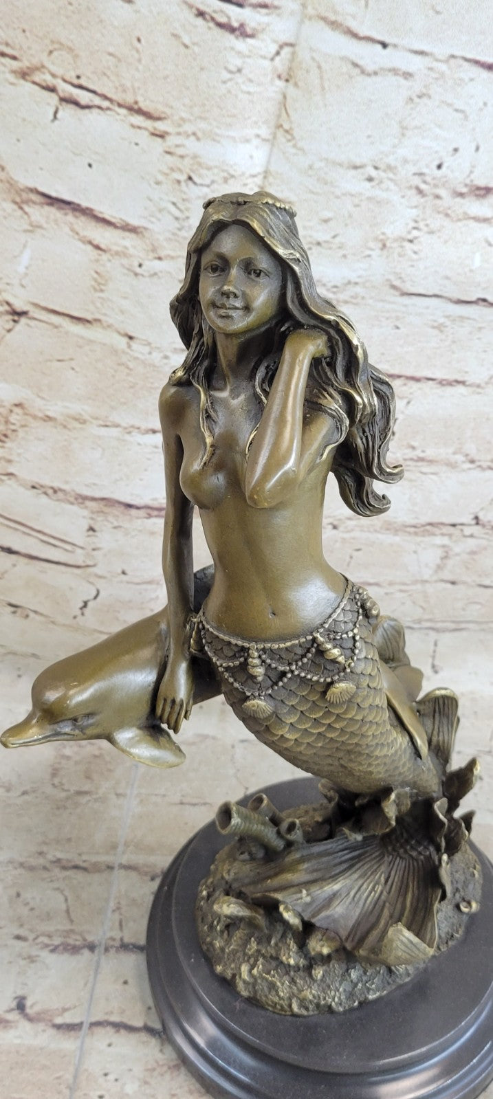 Art Deco/Nouveau Fantasy Artwork Nude solid Bronze Sculpture Mermaid and Dolphin
