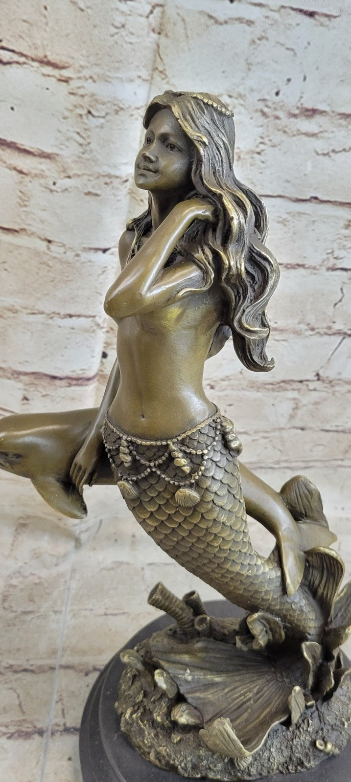 Art Deco/Nouveau Fantasy Artwork Nude solid Bronze Sculpture Mermaid and Dolphin