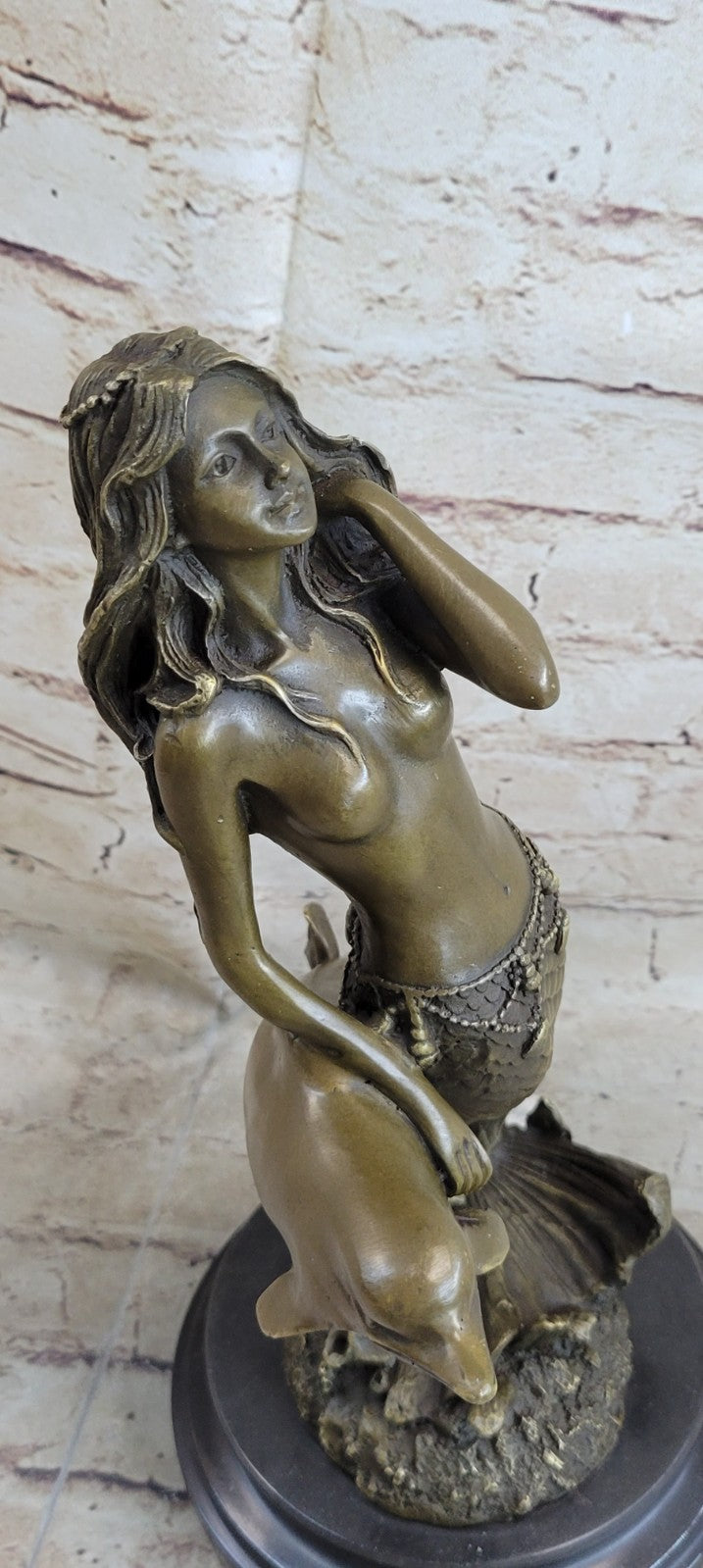 Art Deco/Nouveau Fantasy Artwork Nude solid Bronze Sculpture Mermaid and Dolphin