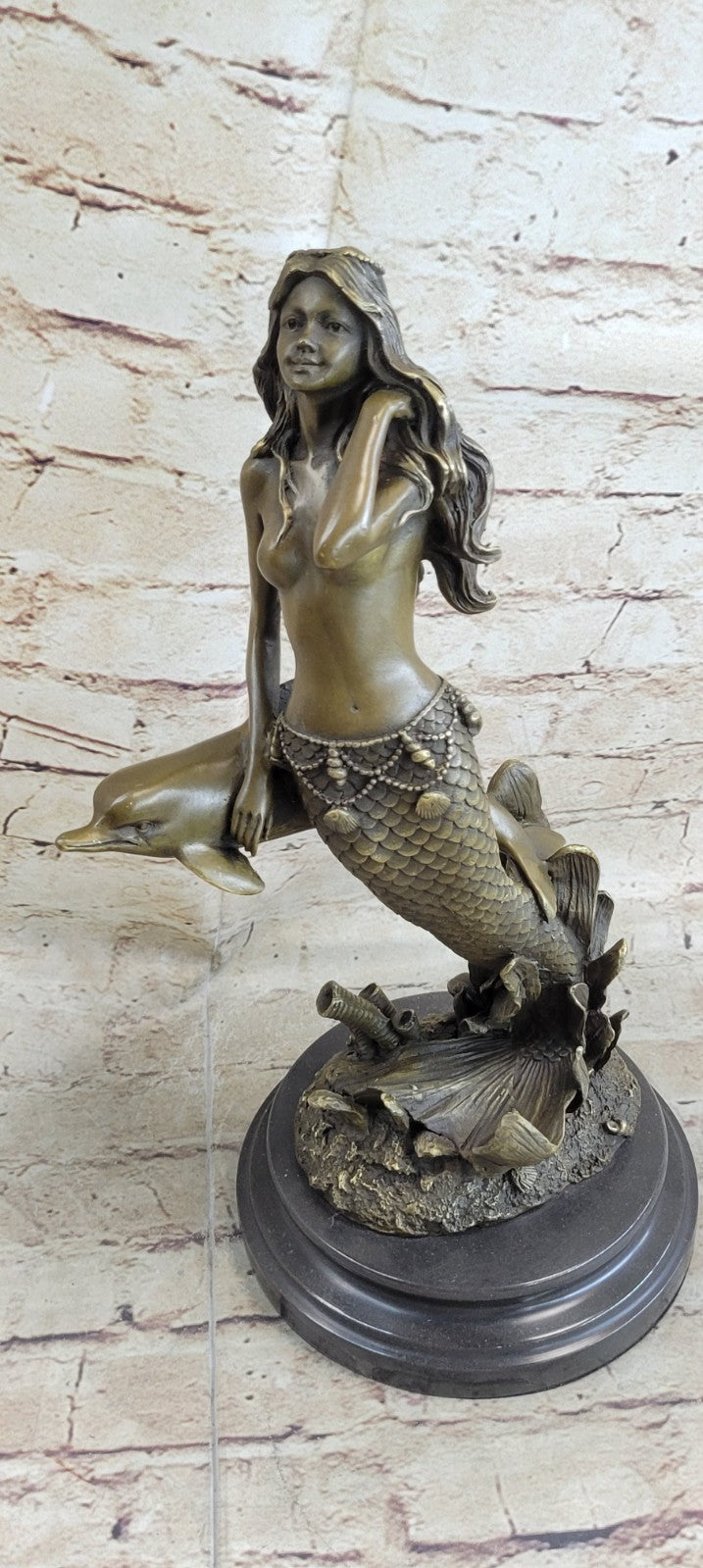 Art Deco/Nouveau Fantasy Artwork Nude solid Bronze Sculpture Mermaid and Dolphin