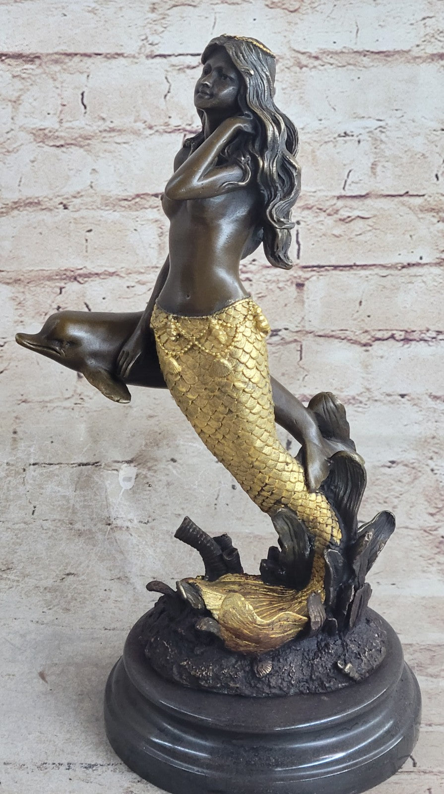 14" European Bronze Fairy Belle Mermaid Sea-maid Nude Sea-maiden Dolphin Figure