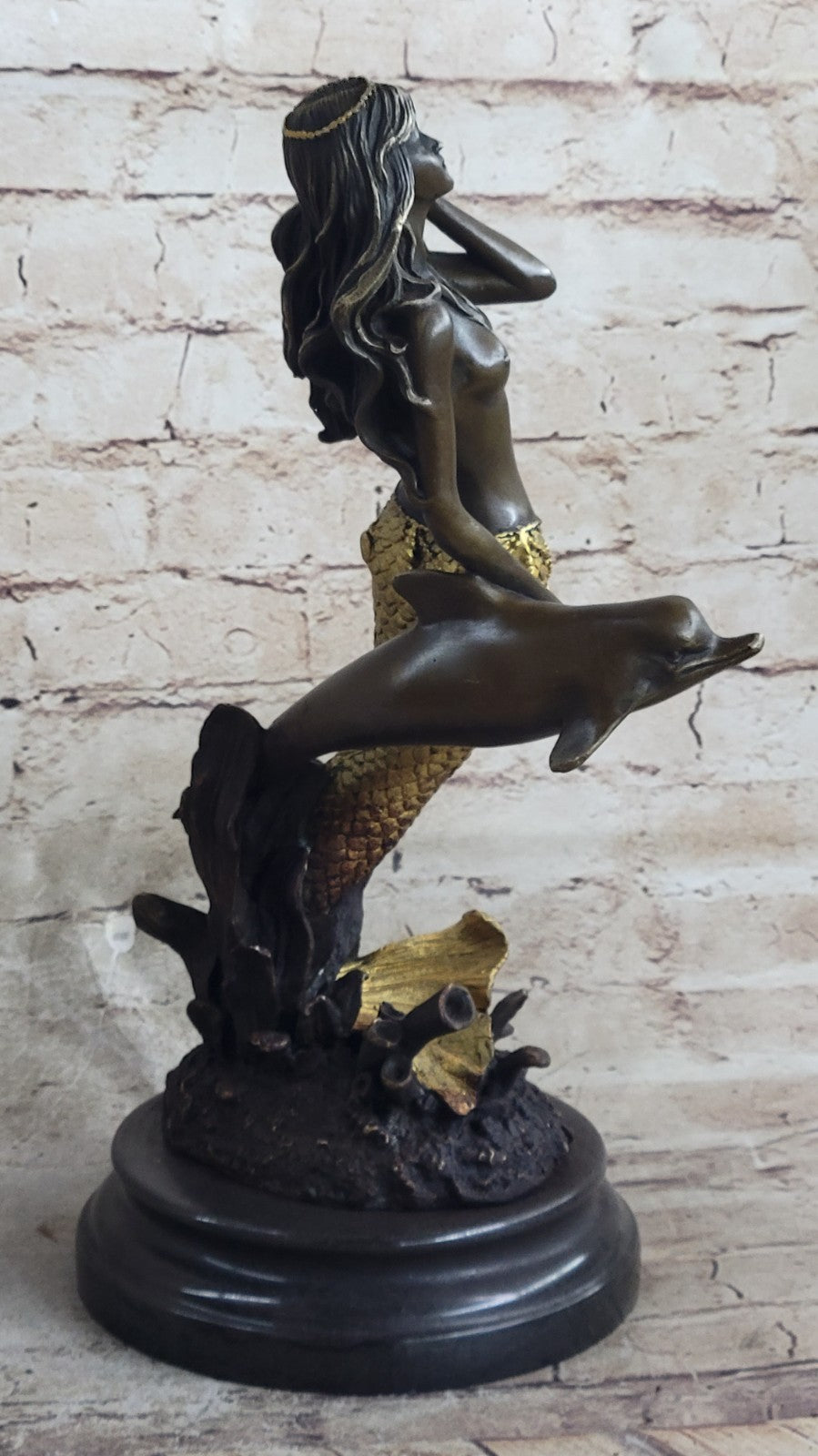 14" European Bronze Fairy Belle Mermaid Sea-maid Nude Sea-maiden Dolphin Figure