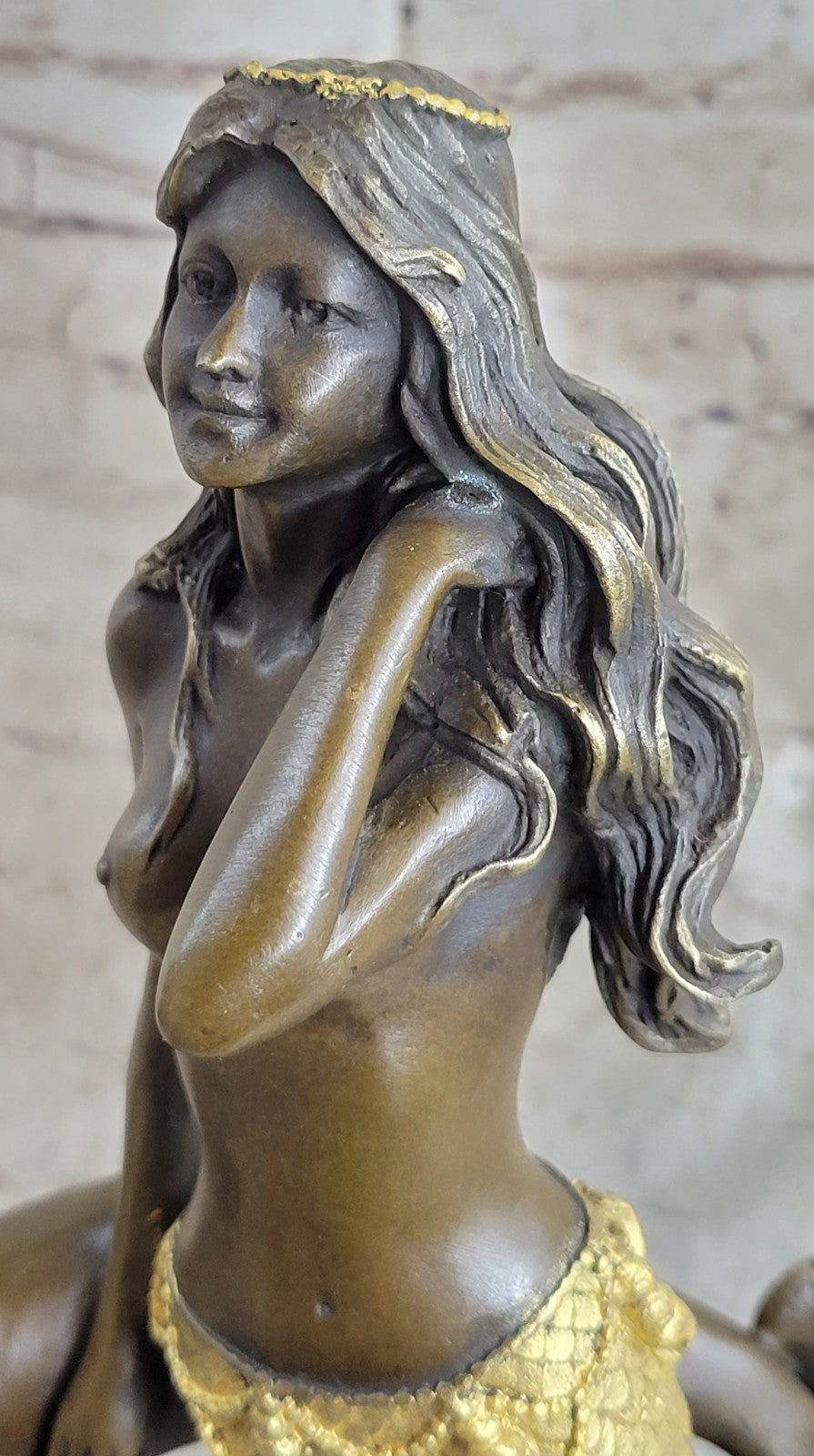 14" European Bronze Fairy Belle Mermaid Sea-maid Nude Sea-maiden Dolphin Figure