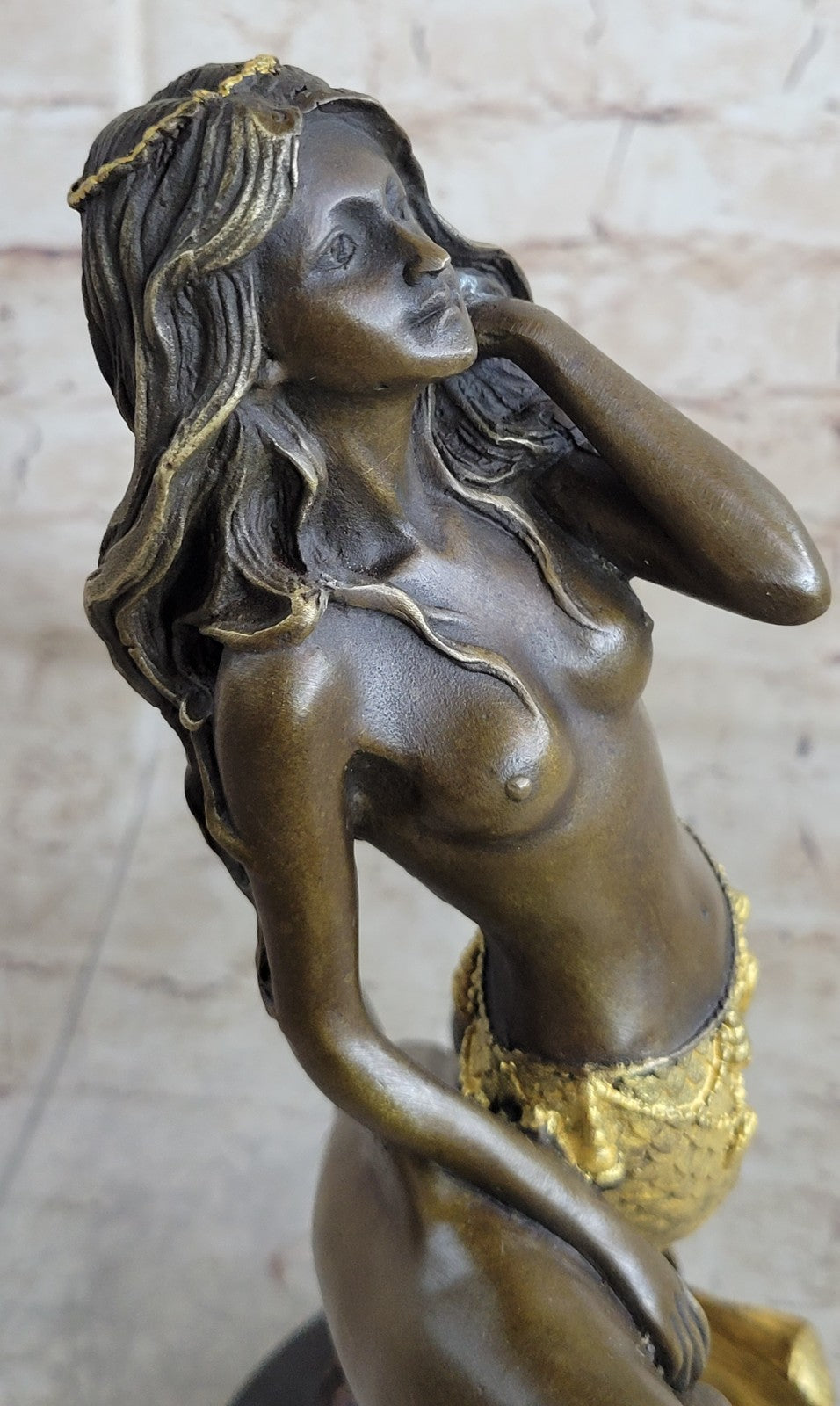 14" European Bronze Fairy Belle Mermaid Sea-maid Nude Sea-maiden Dolphin Figure