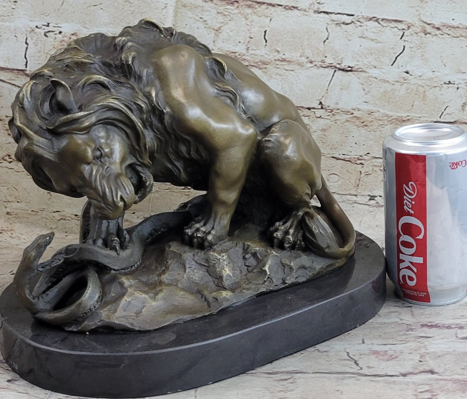 Signed Barye Snake and Lion Bronze Marble Sculpture Statue Figurine Art Deco