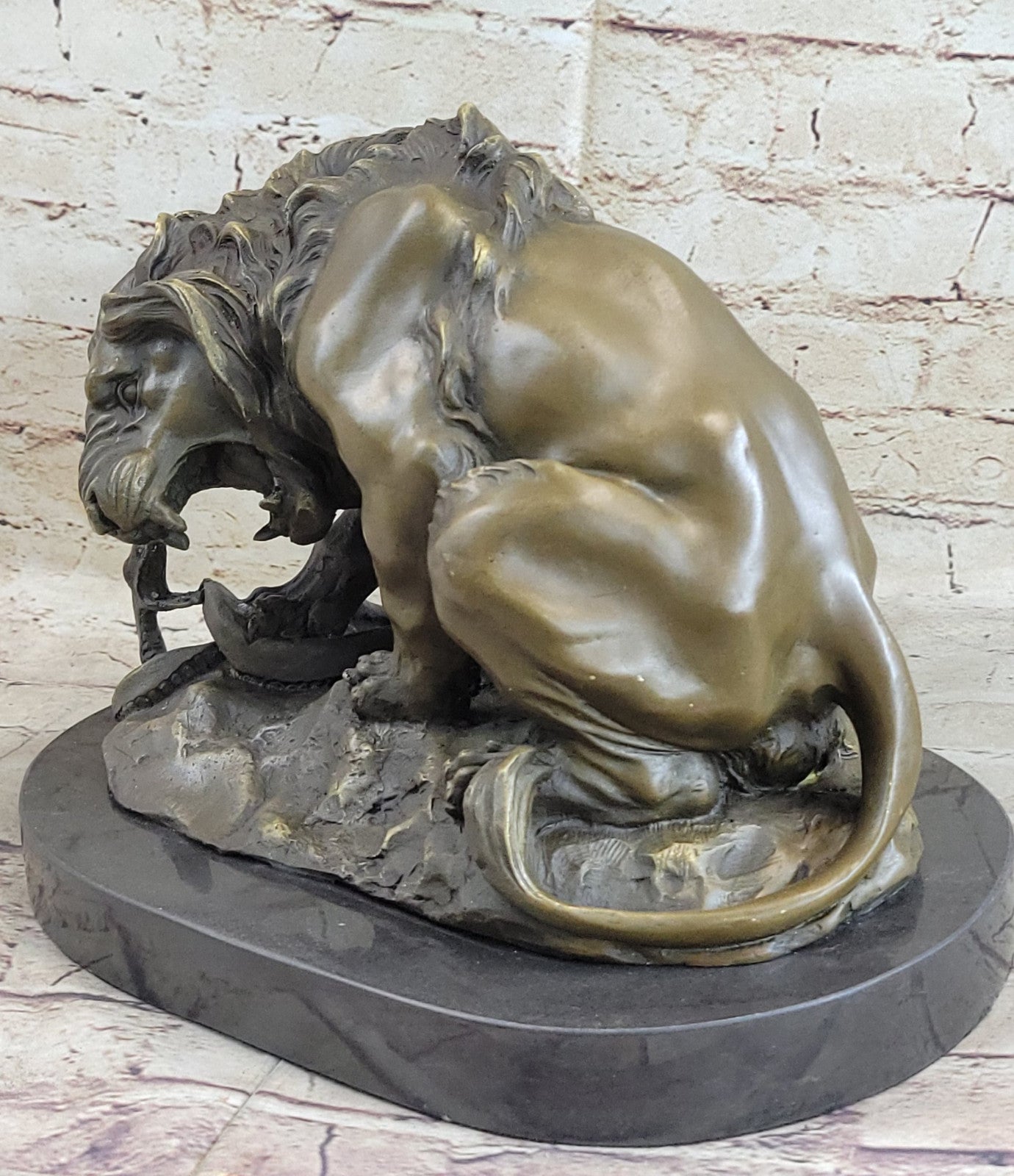 Signed Barye Snake and Lion Bronze Marble Sculpture Statue Figurine Art Deco