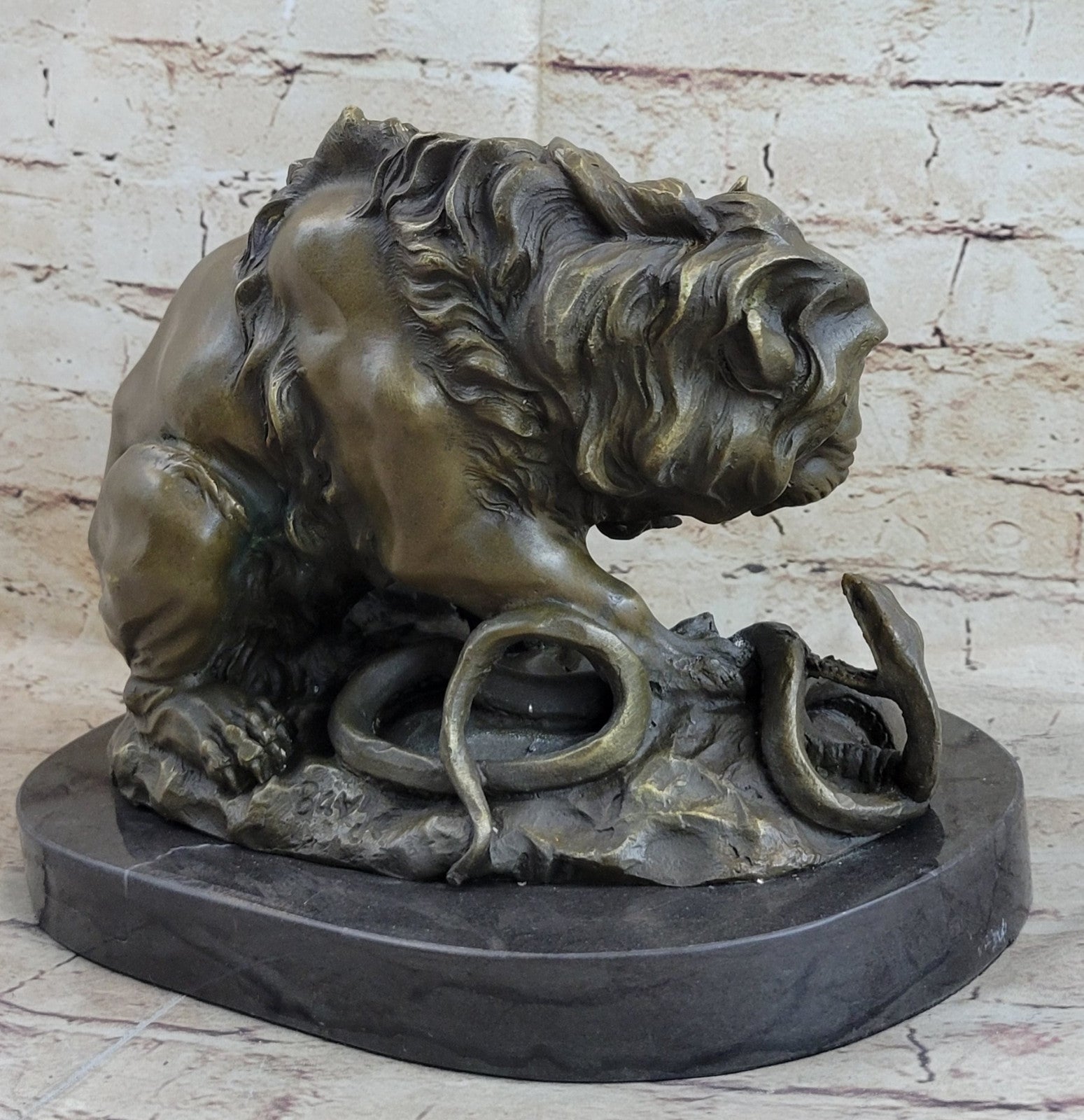 Signed Barye Snake and Lion Bronze Marble Sculpture Statue Figurine Art Deco