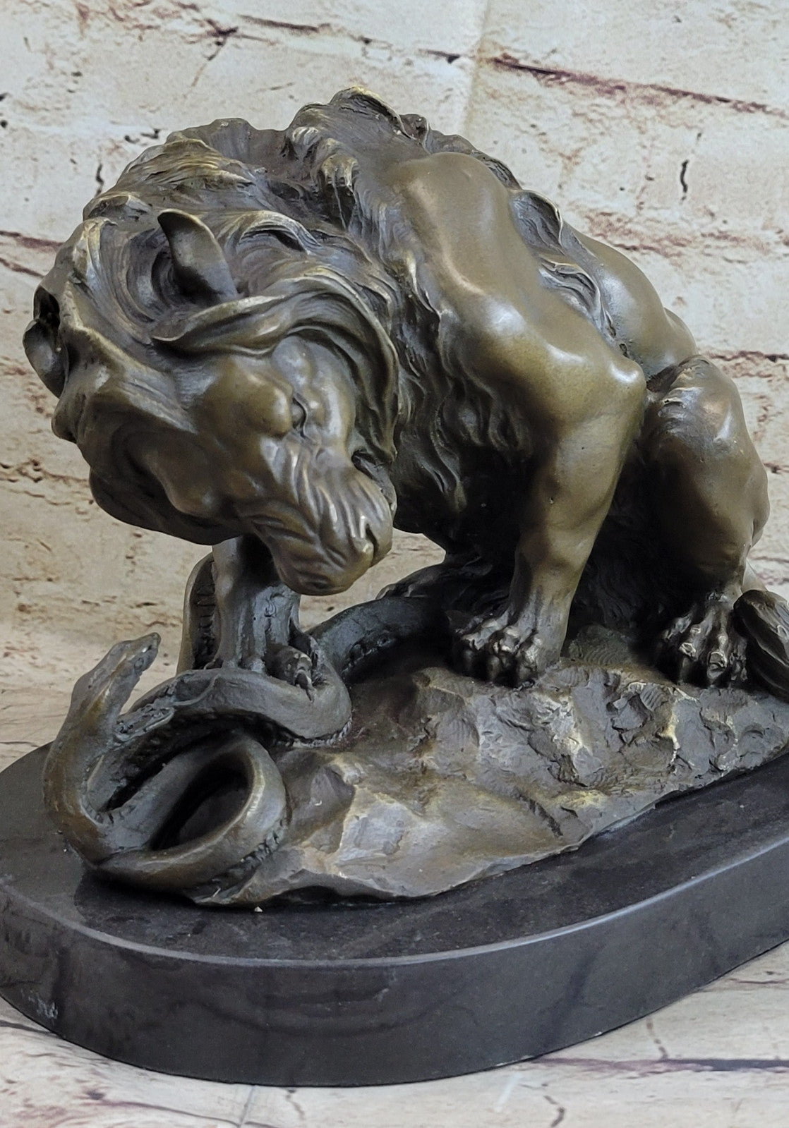Signed Barye Snake and Lion Bronze Marble Sculpture Statue Figurine Art Deco