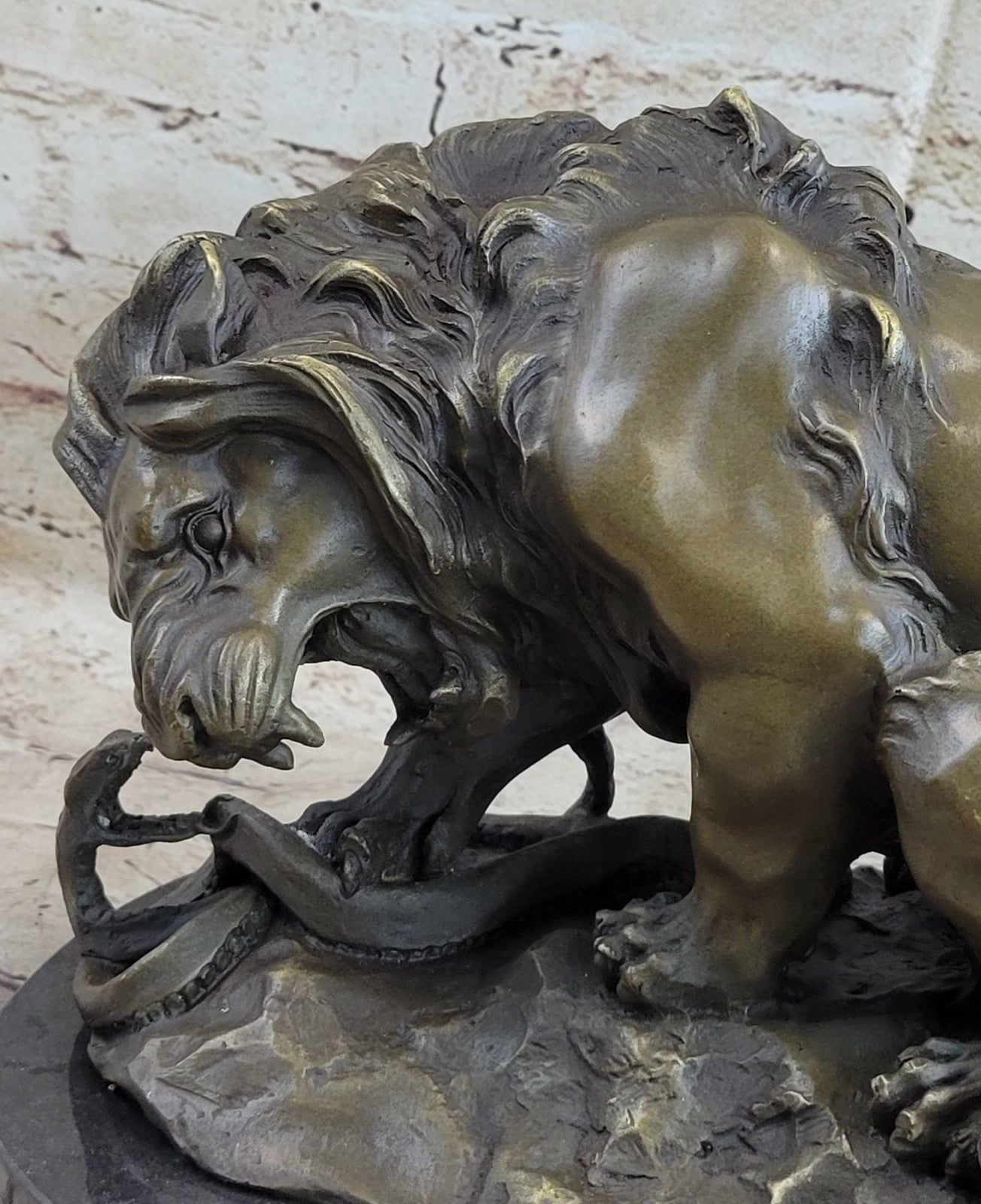 Signed Barye Snake and Lion Bronze Marble Sculpture Statue Figurine Art Deco