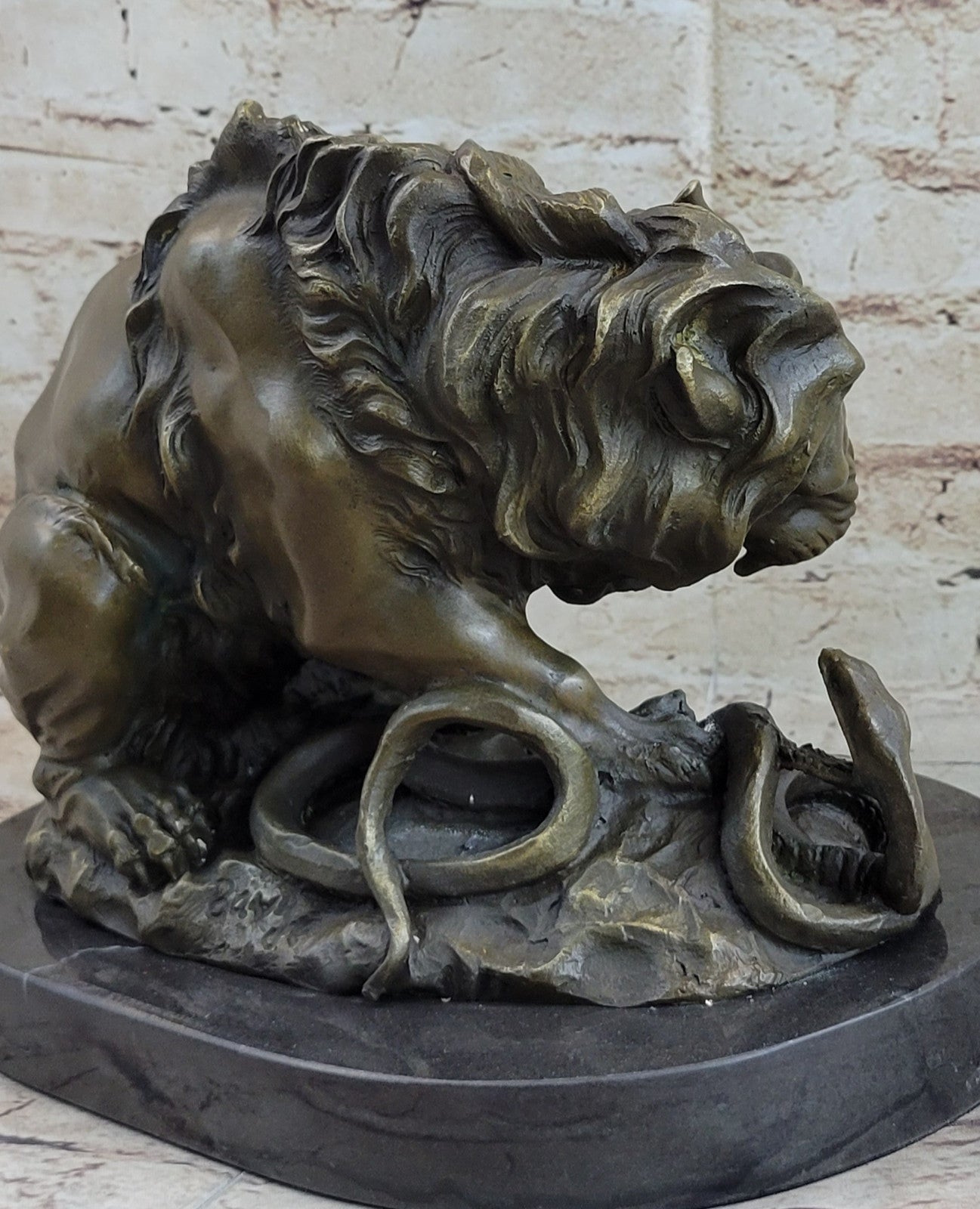 Signed Barye Snake and Lion Bronze Marble Sculpture Statue Figurine Art Deco