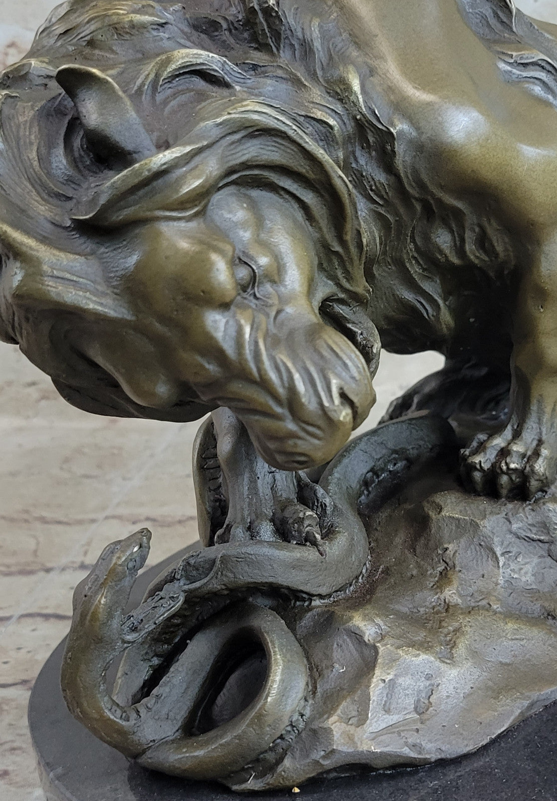 Signed Barye Snake and Lion Bronze Marble Sculpture Statue Figurine Art Deco