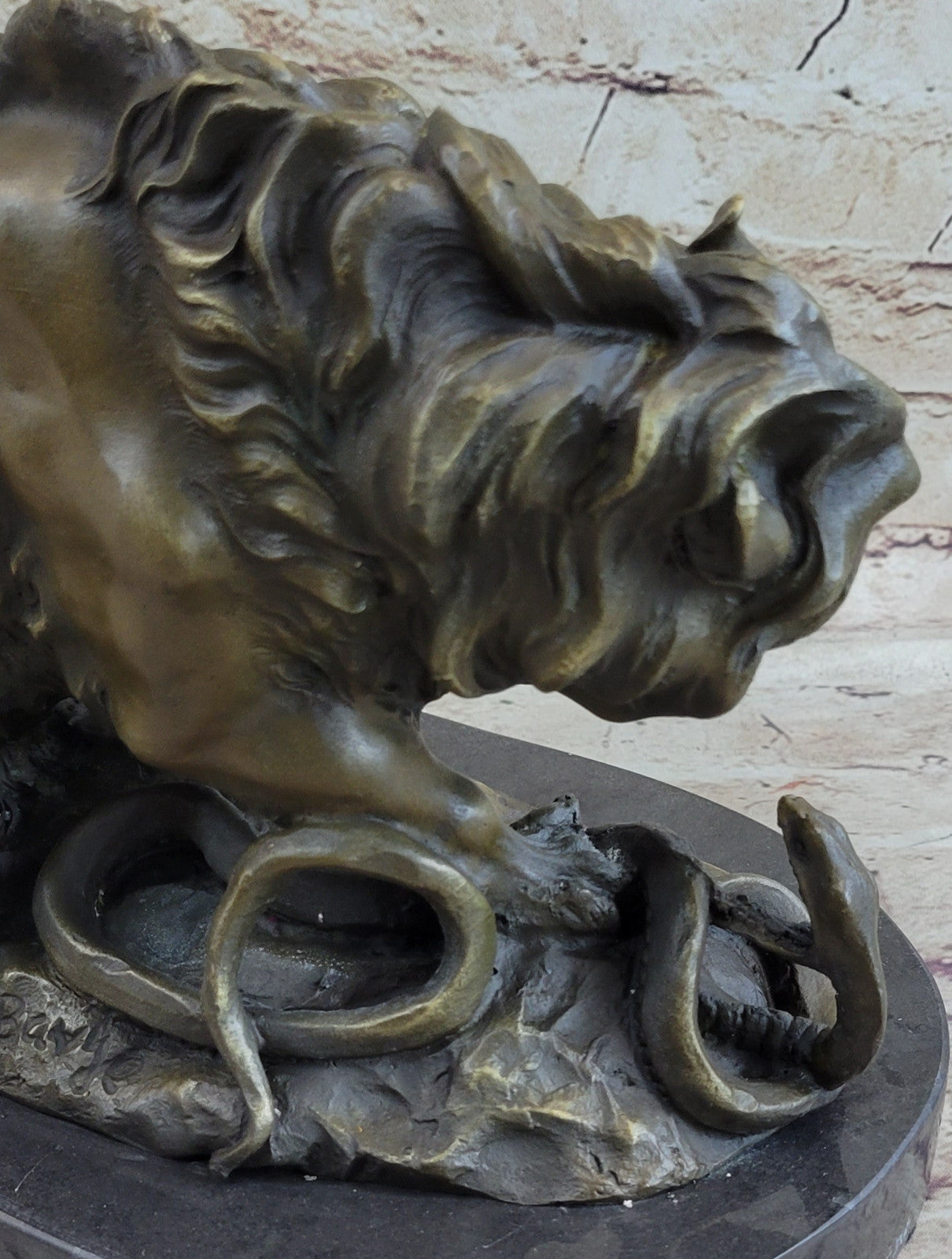 Signed Barye Snake and Lion Bronze Marble Sculpture Statue Figurine Art Deco
