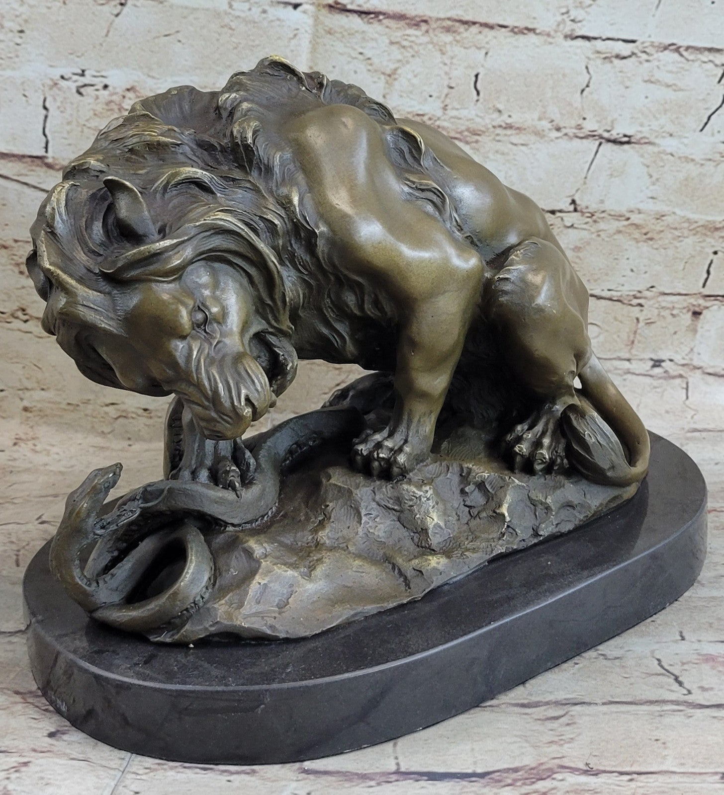 Signed Barye Snake and Lion Bronze Marble Sculpture Statue Figurine Art Deco