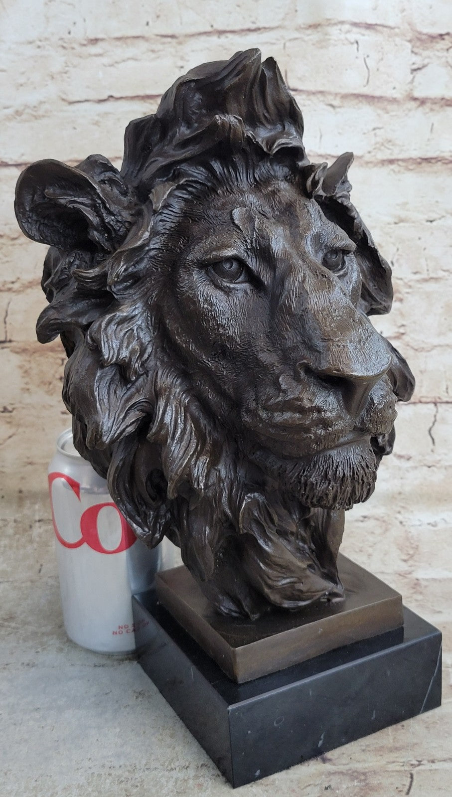Signed Milo African Male Lion Bust Bronze Marble Sculpture Statue Decor Figurine